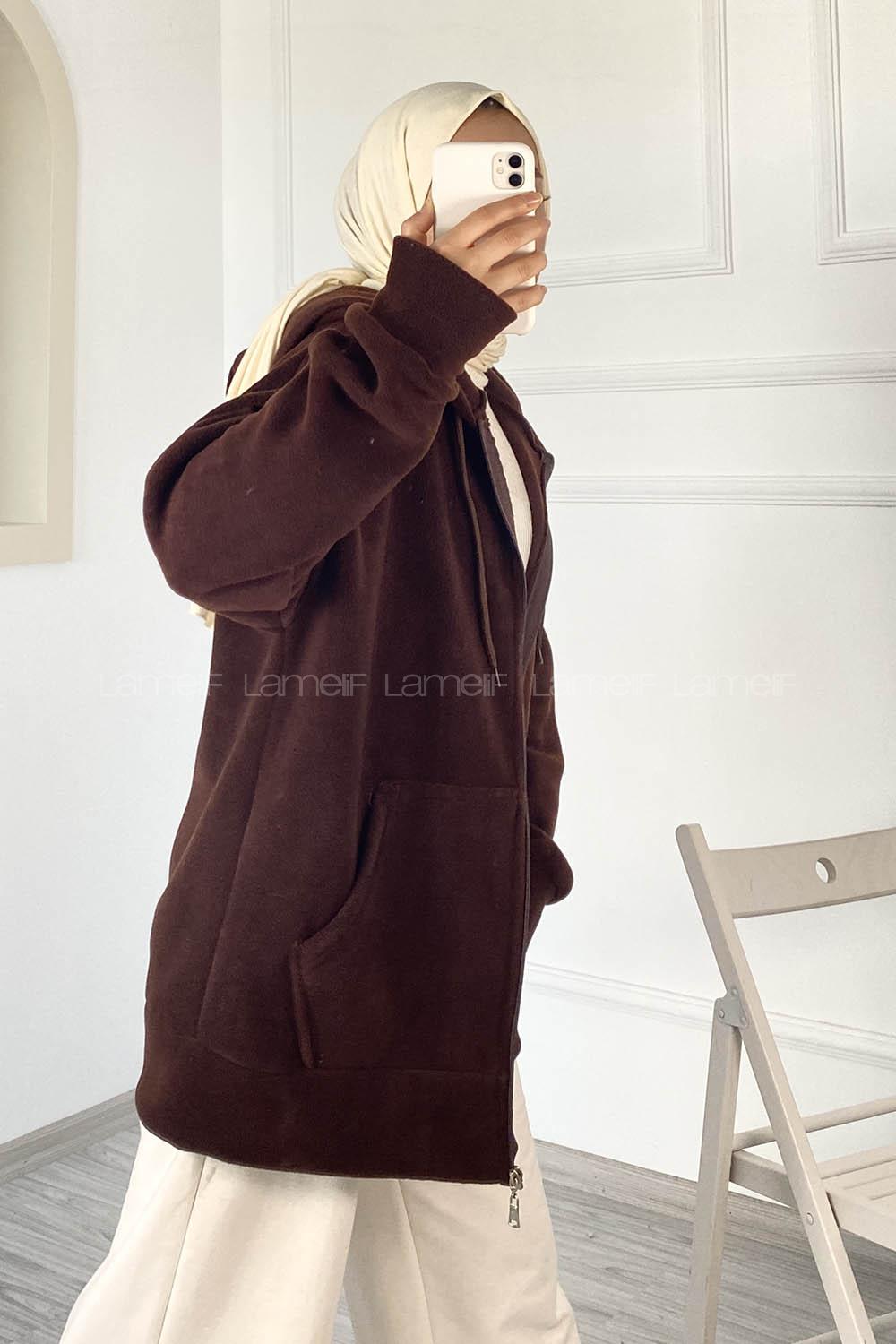 Modalamelif Kapüşonlu Fermuarlı Çift Cepli Polar Hırka Acıkahve