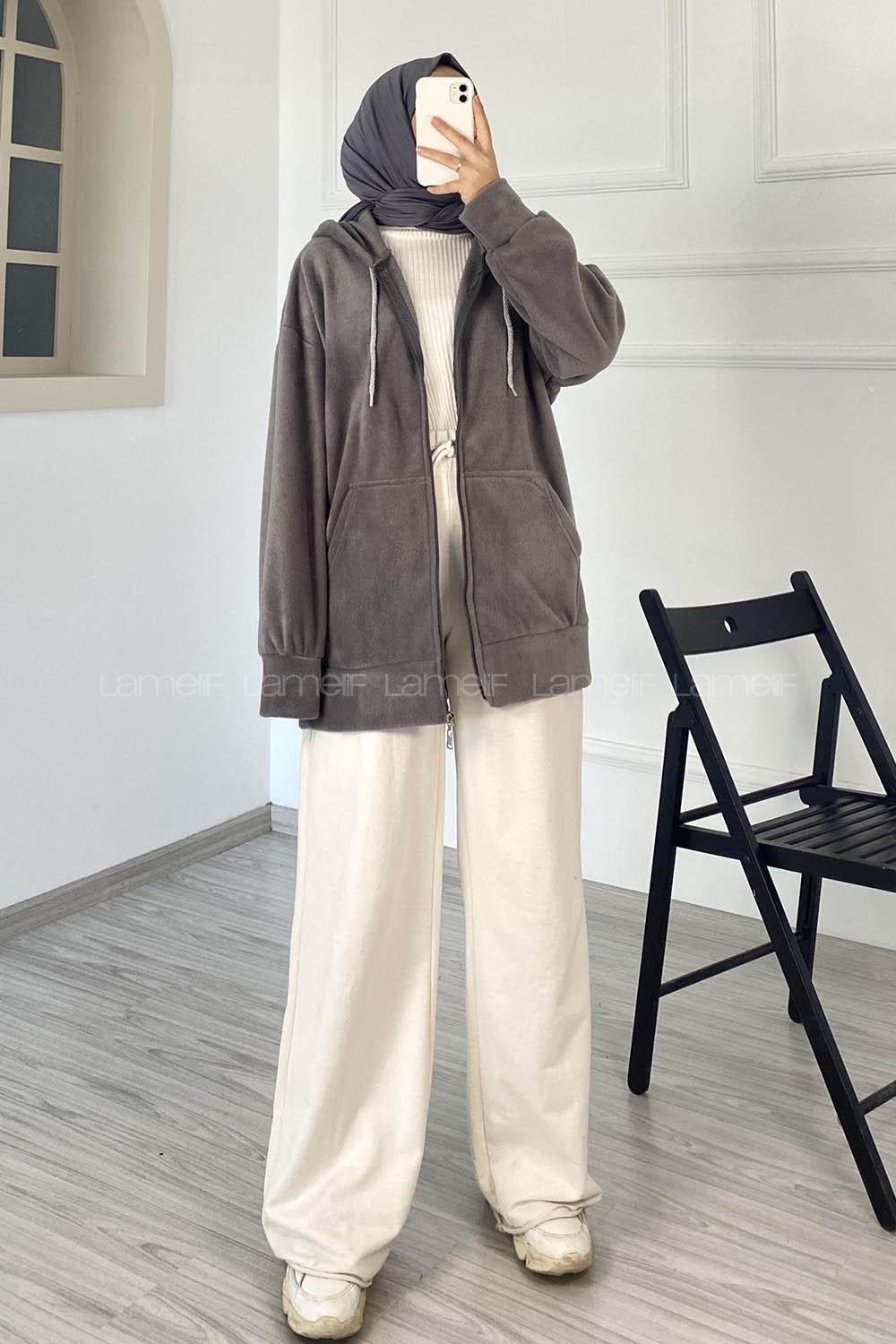 Modalamelif Kapüşonlu Fermuarlı Çift Cepli Polar Hırka Gri