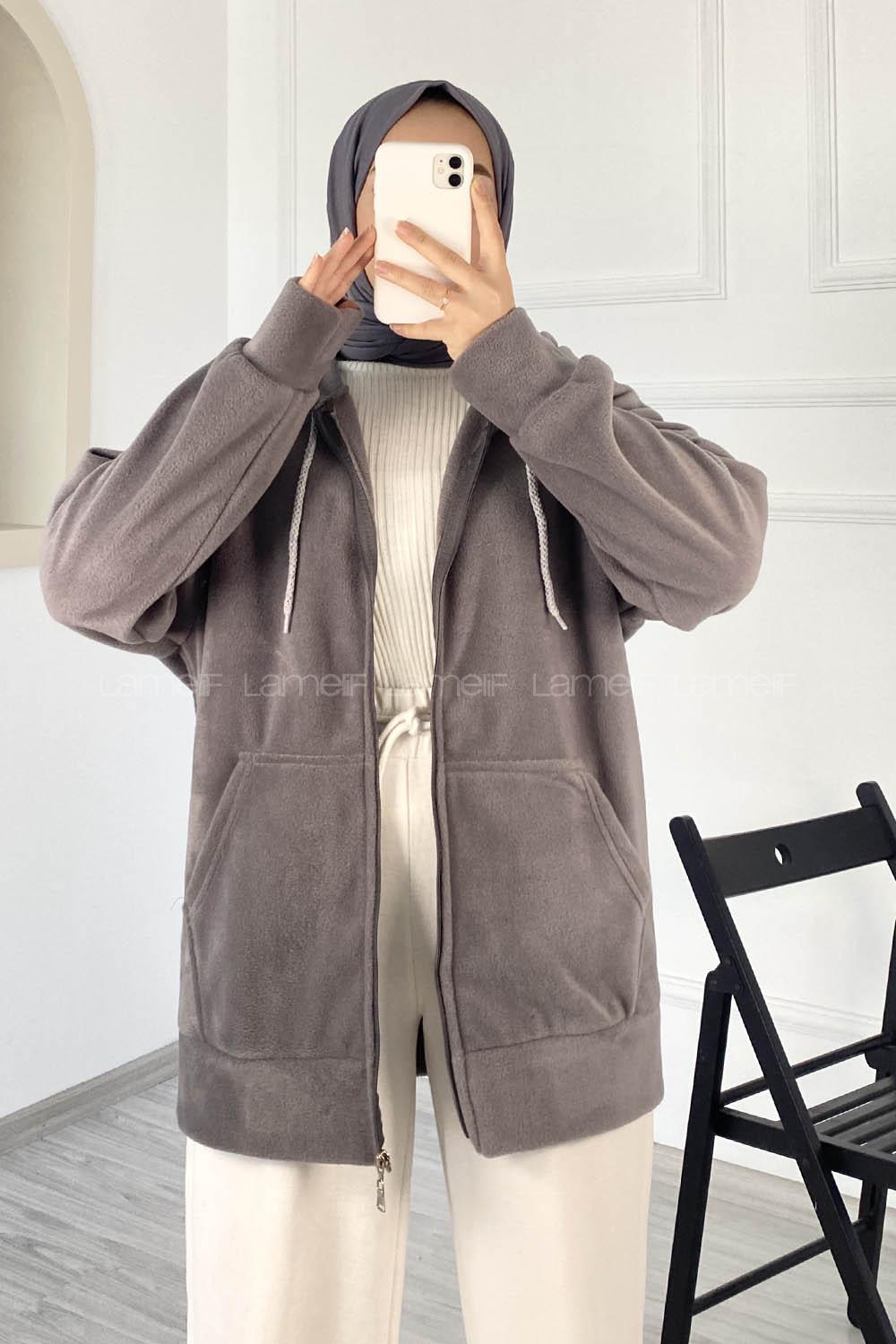 Modalamelif Kapüşonlu Fermuarlı Çift Cepli Polar Hırka Gri