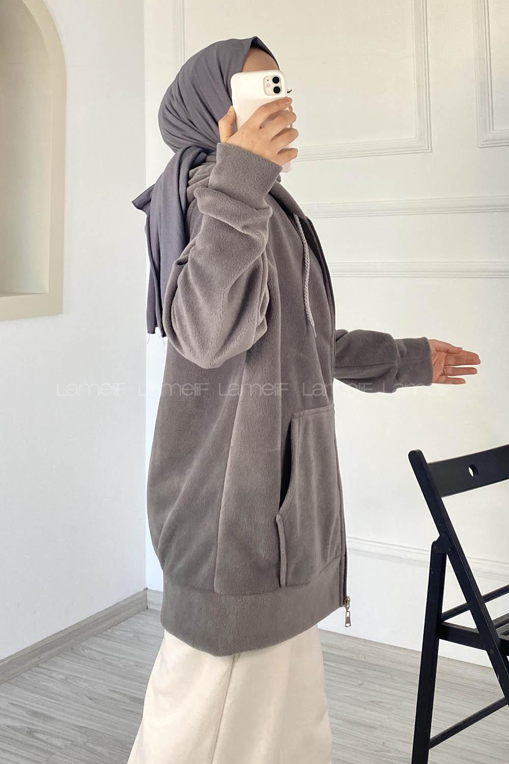 Modalamelif Kapüşonlu Fermuarlı Çift Cepli Polar Hırka Gri