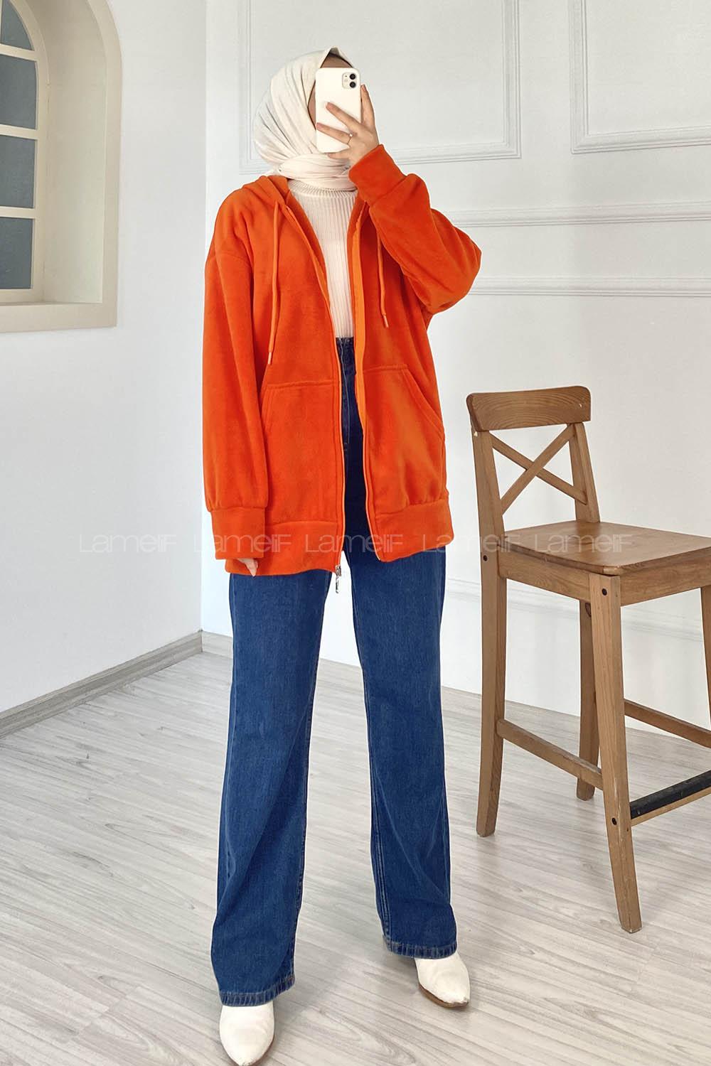 Modalamelif Kapüşonlu Fermuarlı Çift Cepli Polar Hırka Oranj