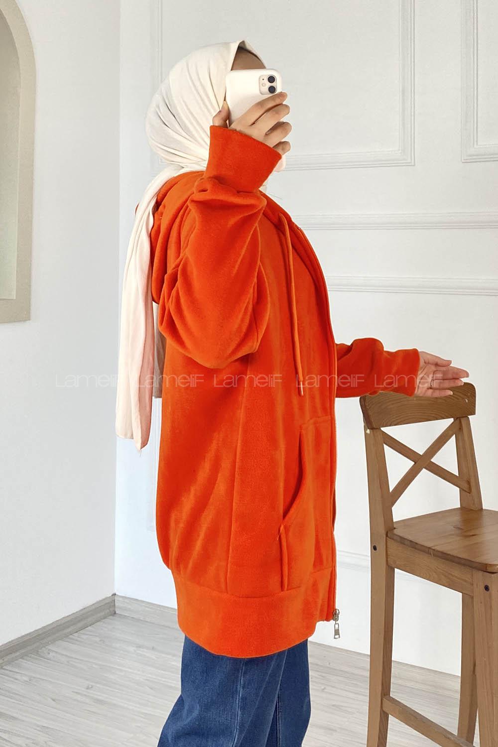 Modalamelif Kapüşonlu Fermuarlı Çift Cepli Polar Hırka Oranj