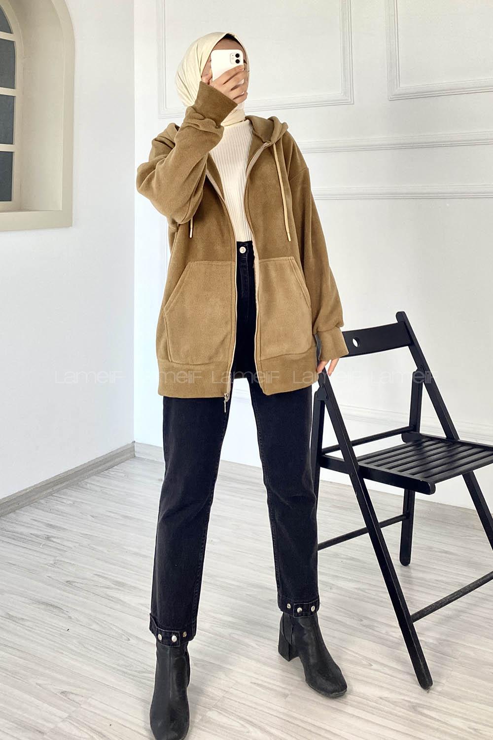 Modalamelif Kapüşonlu Fermuarlı Çift Cepli Polar Hırka Sütlükahve