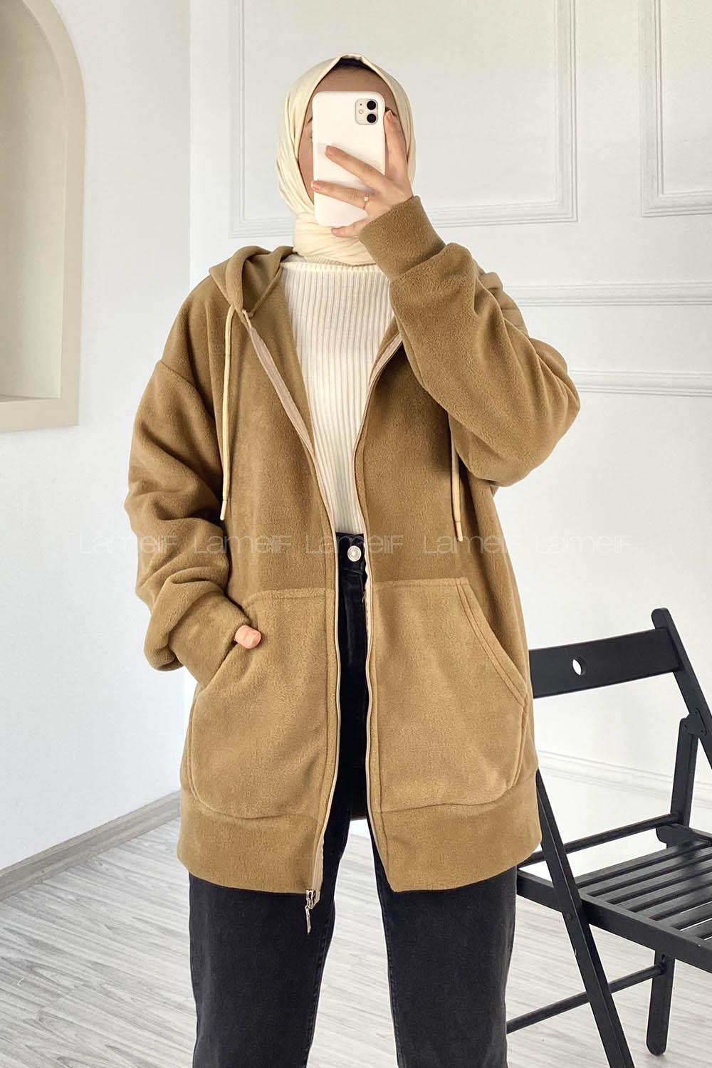 Modalamelif Kapüşonlu Fermuarlı Çift Cepli Polar Hırka Sütlükahve