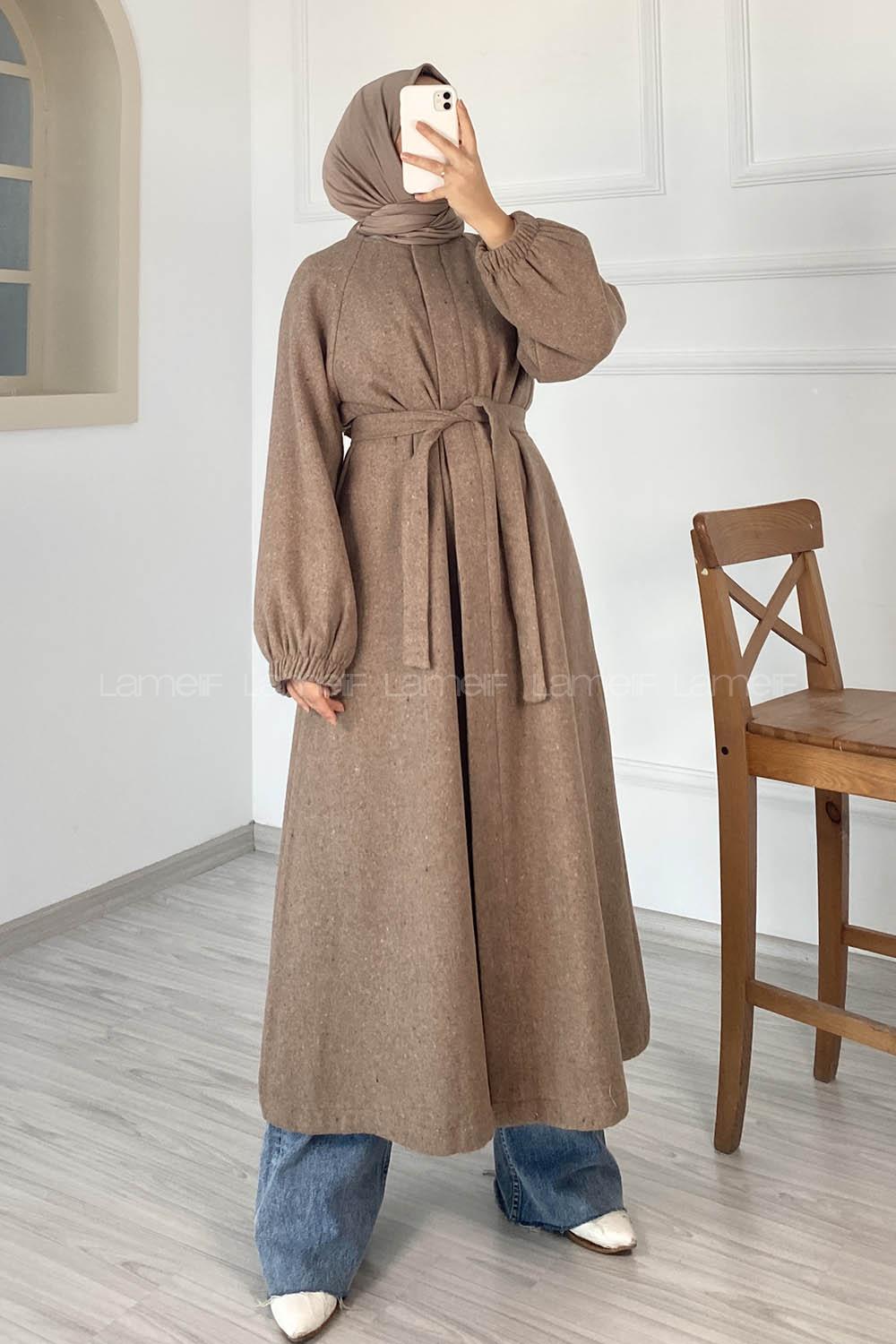 Modalamelif Kuşak Bağlamalı Yan Cepli Kaşe Kaban Soft Kahve