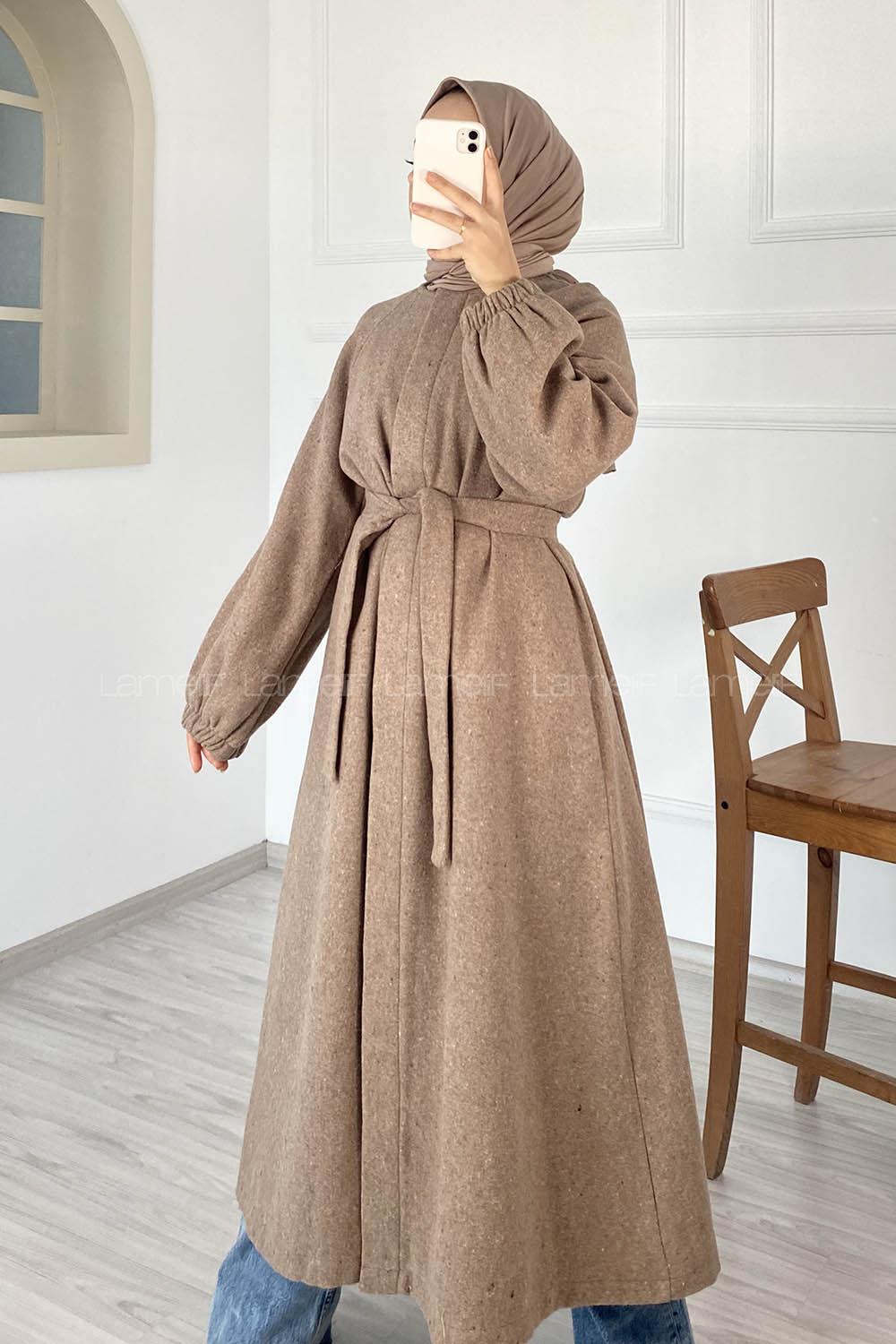 Modalamelif Kuşak Bağlamalı Yan Cepli Kaşe Kaban Soft Kahve