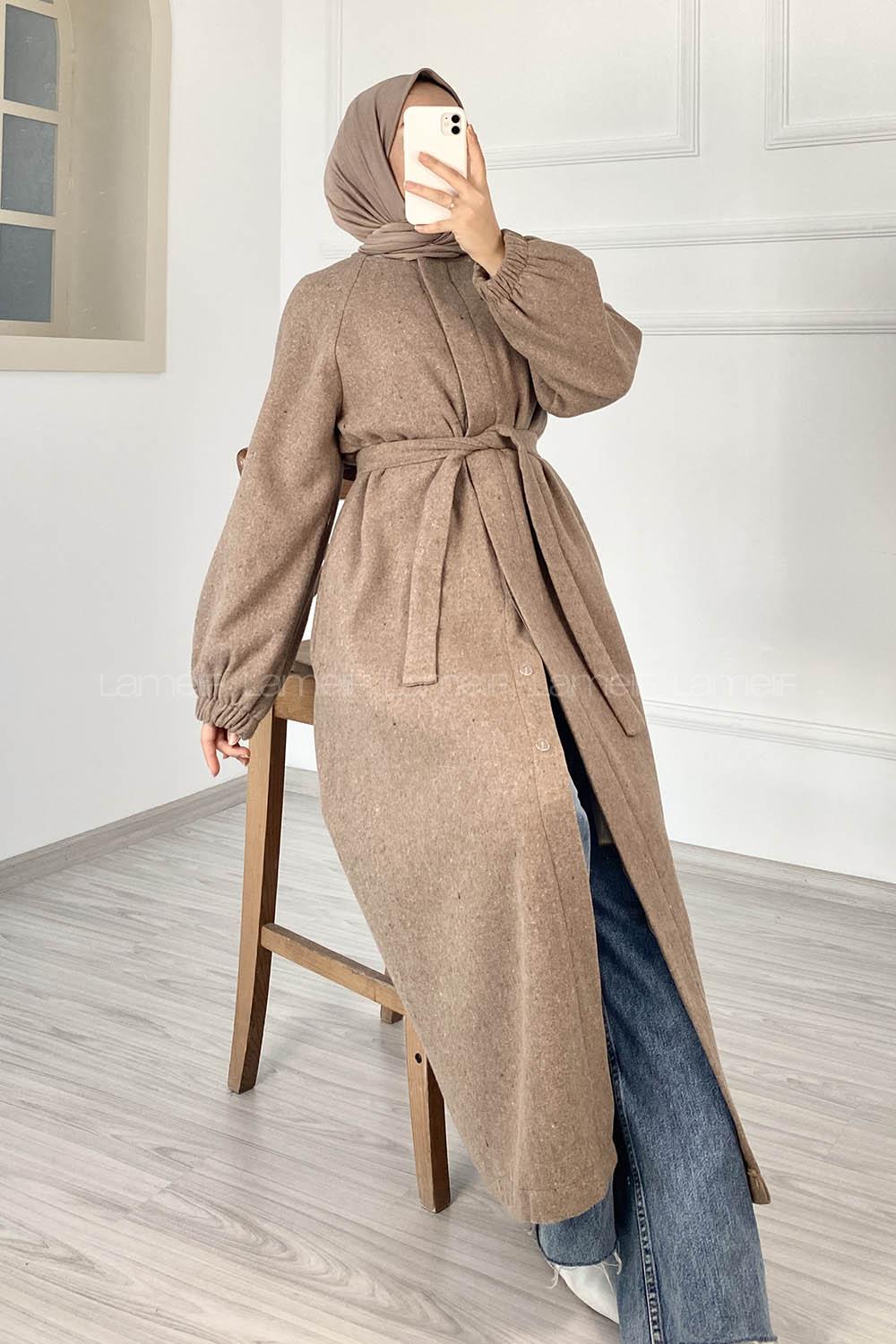 Modalamelif Kuşak Bağlamalı Yan Cepli Kaşe Kaban Soft Kahve