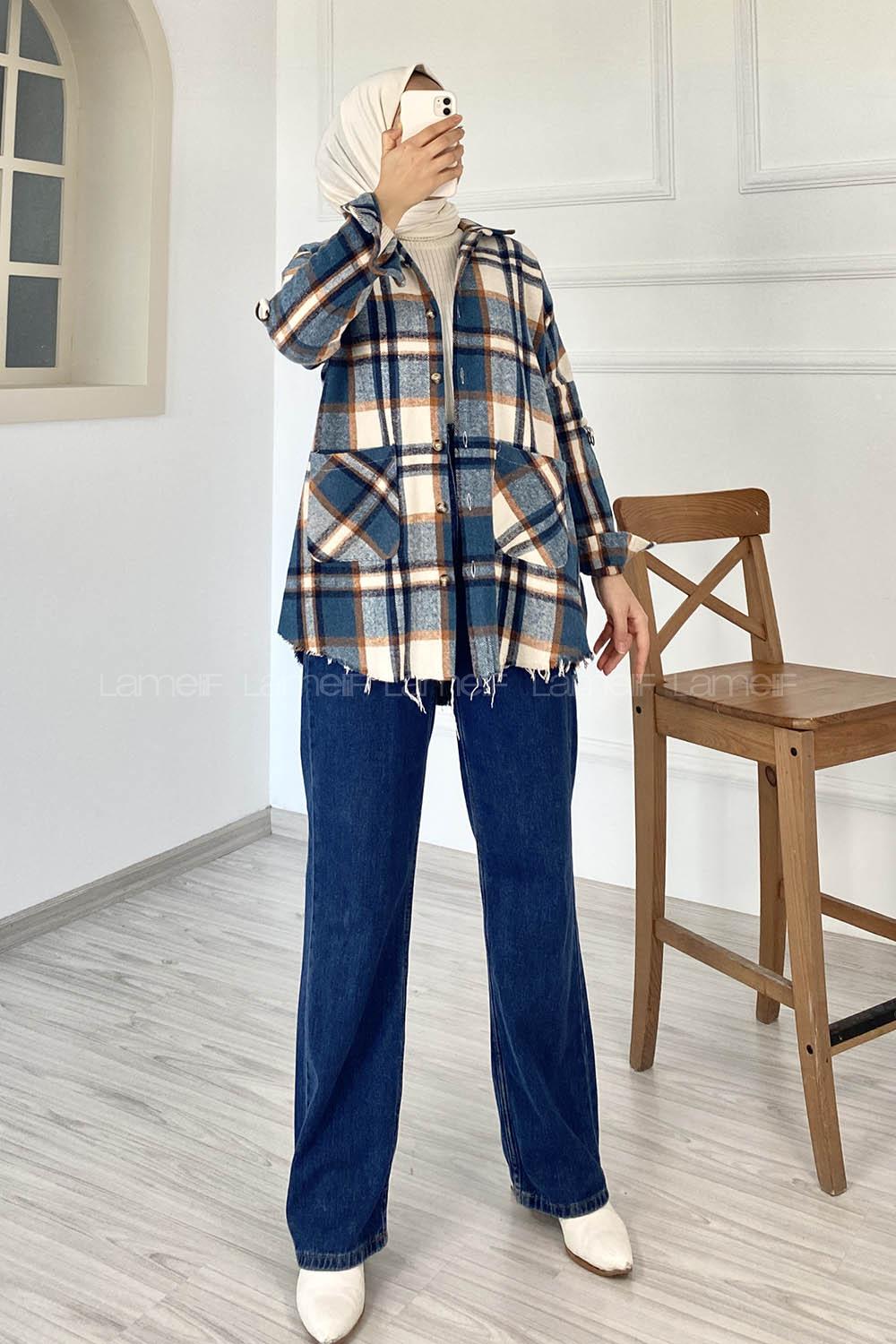 Modalamelif Yarasa Kol Oduncu Gömlek Ekru Petrol Mavisi