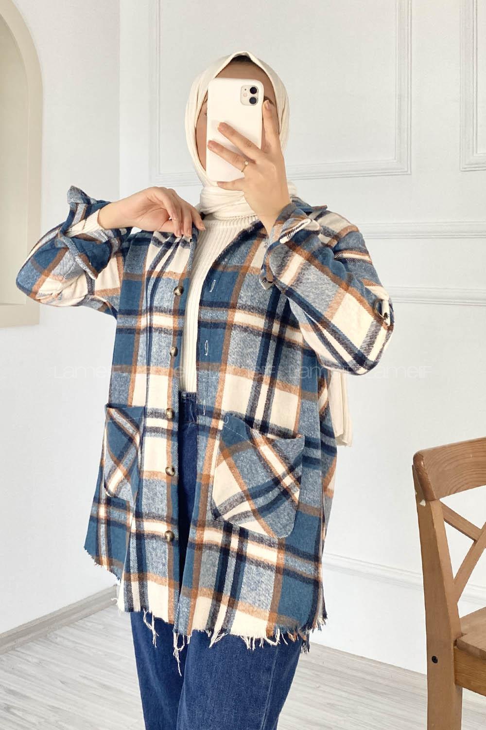 Modalamelif Yarasa Kol Oduncu Gömlek Ekru Petrol Mavisi