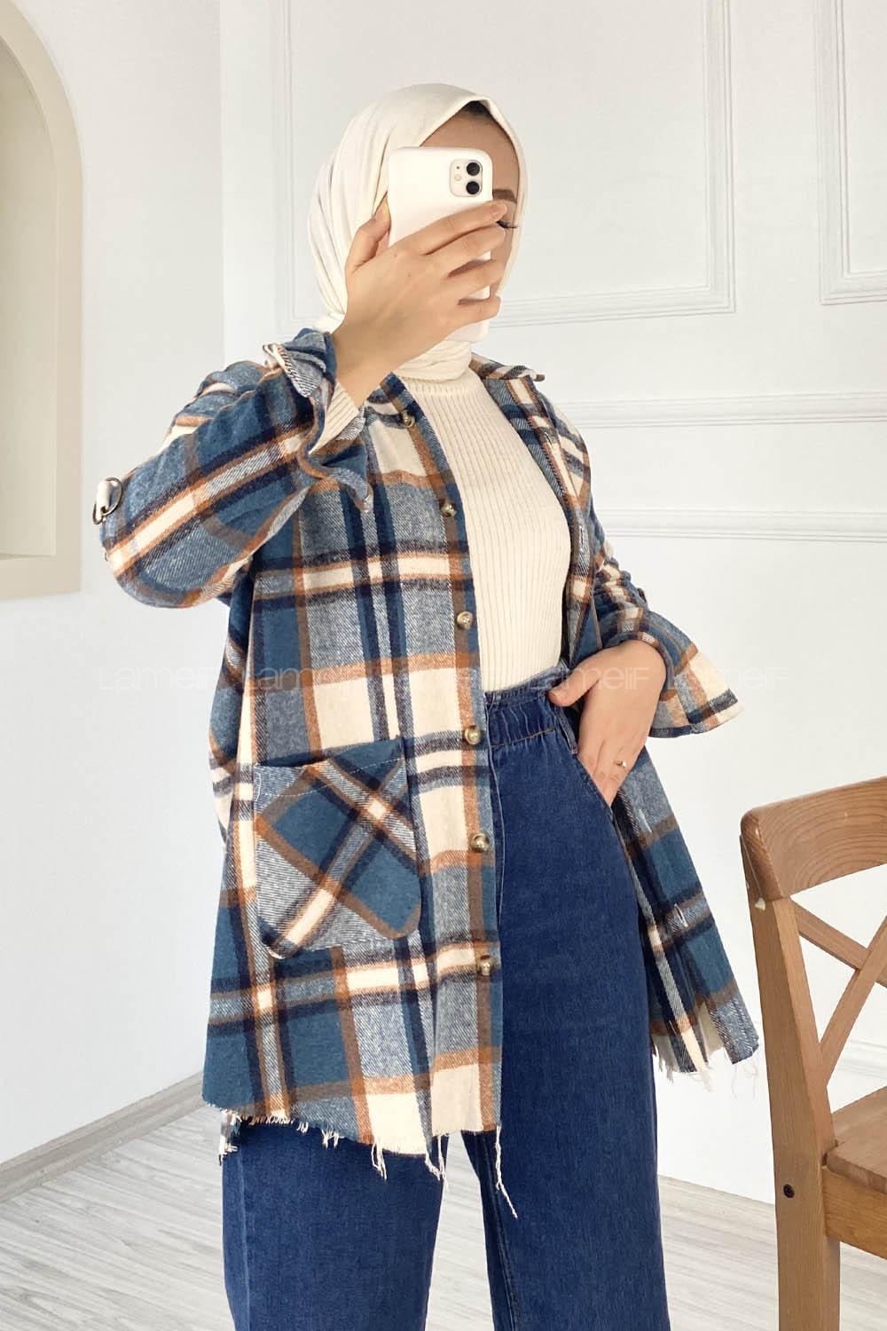 Modalamelif Yarasa Kol Oduncu Gömlek Ekru Petrol Mavisi