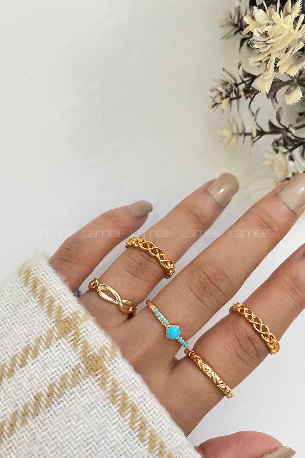 Modalamelif Gold 5li Burgu Detaylı Yüzük