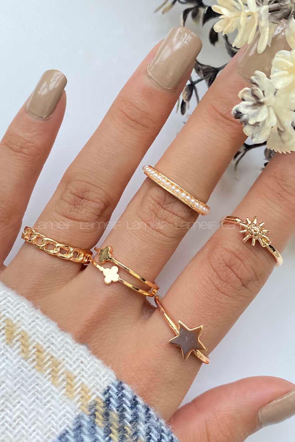 Modalamelif Gold 5li Güneş Detaylı Yüzük