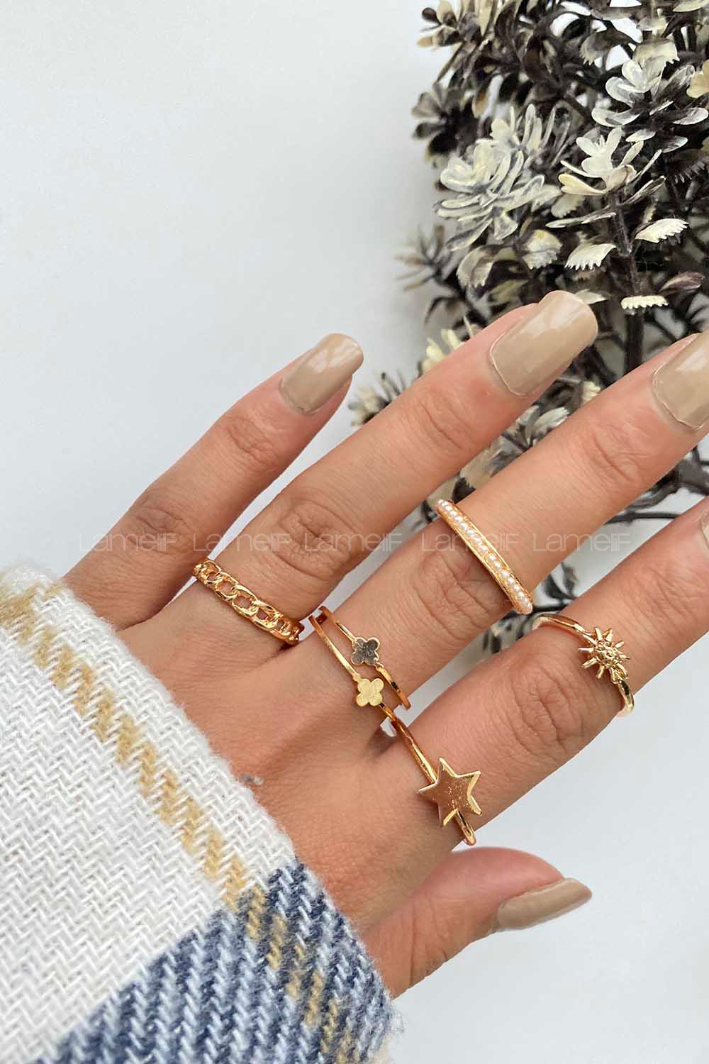 Modalamelif Gold 5li Güneş Detaylı Yüzük