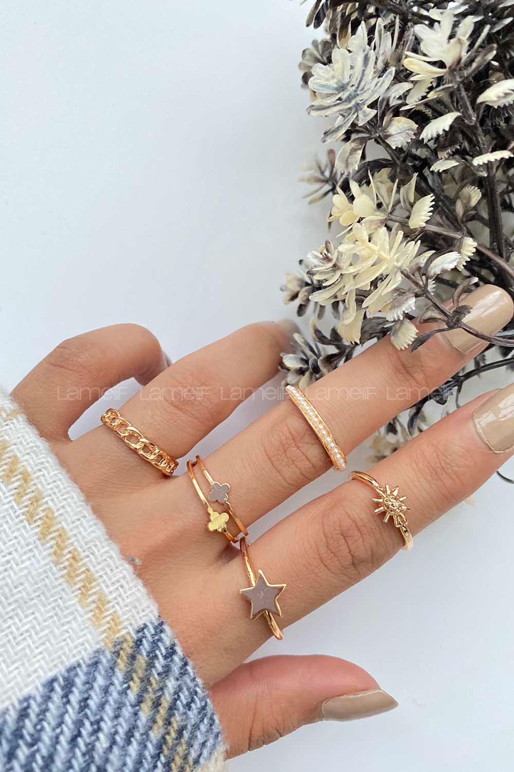 Modalamelif Gold 5li Güneş Detaylı Yüzük