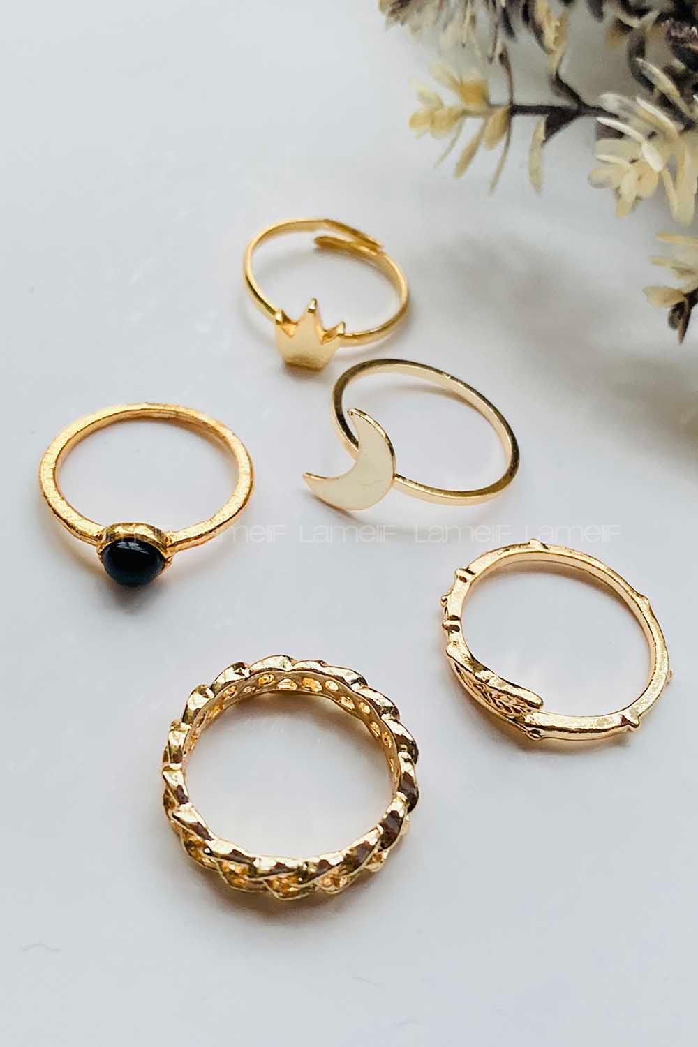 Modalamelif Gold 5li Siyah Taş Ay Figür Detaylı Yüzük