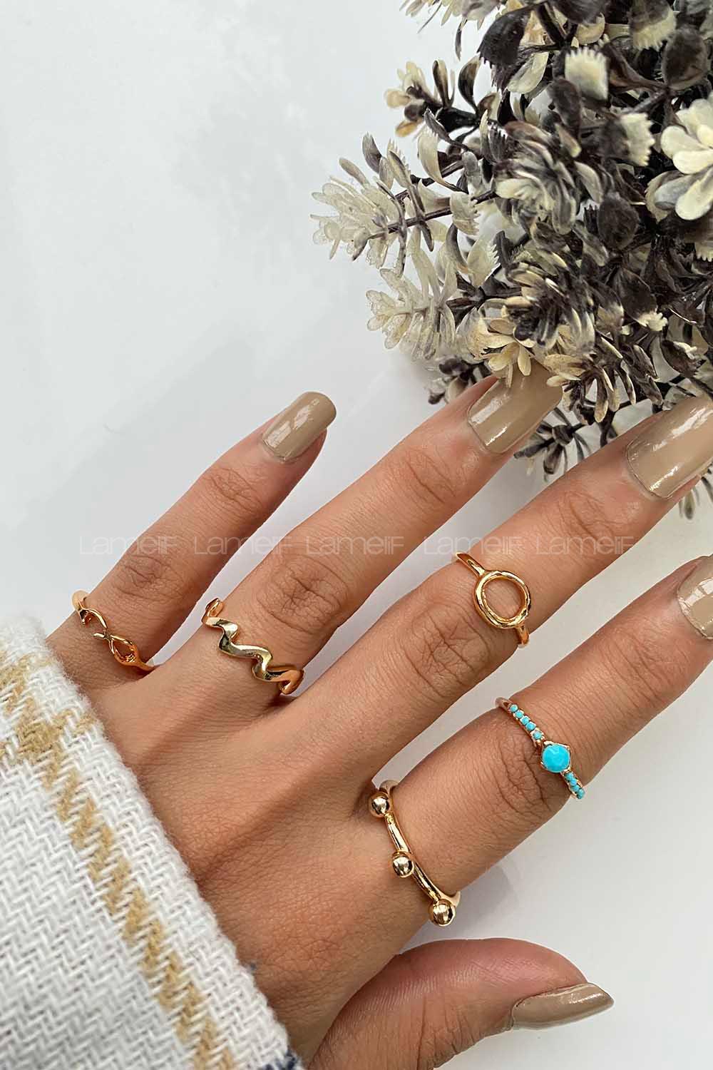 Modalamelif Gold 5li Su Yeşili Taşlı Yüzük