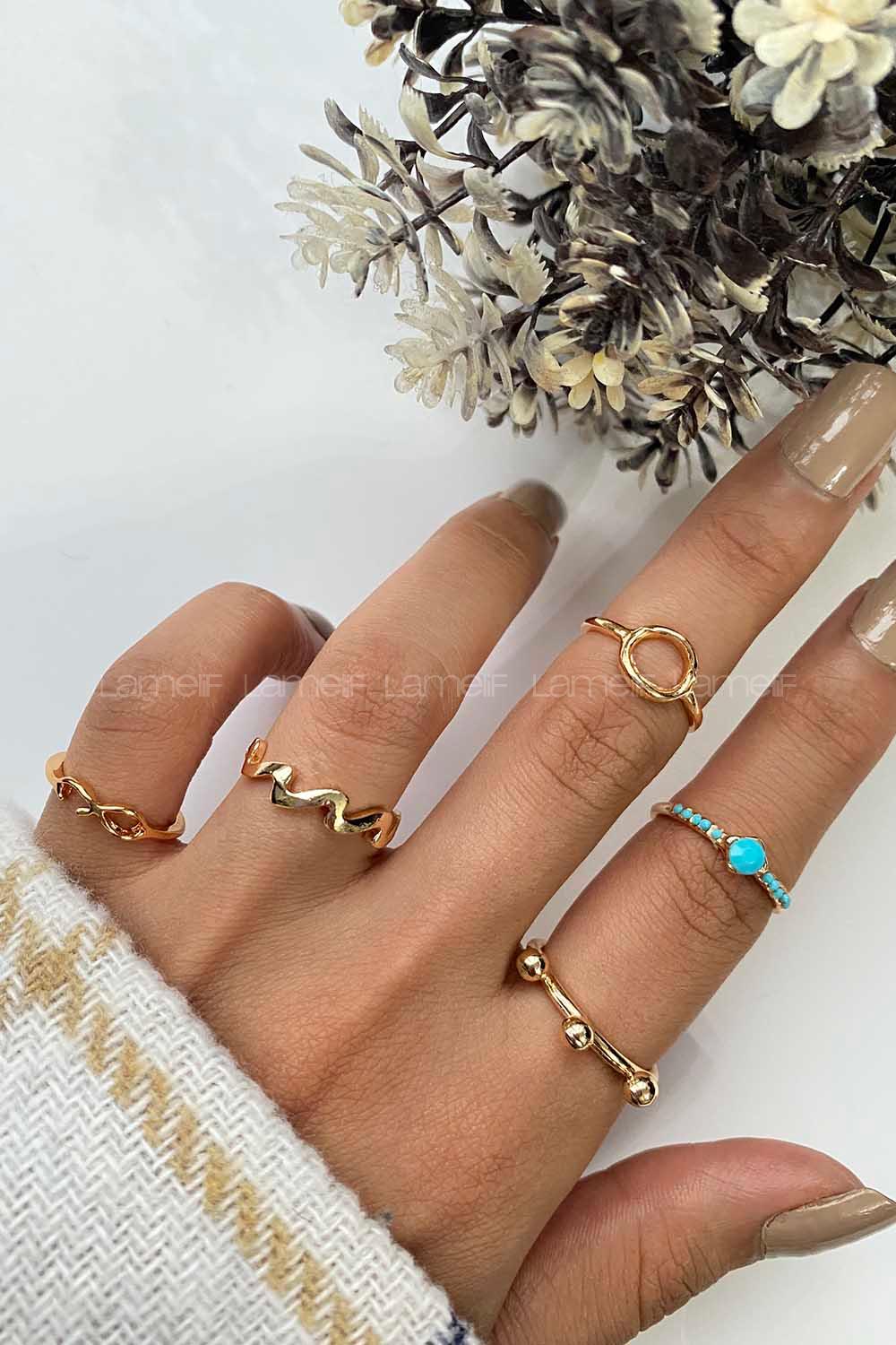 Modalamelif Gold 5li Su Yeşili Taşlı Yüzük