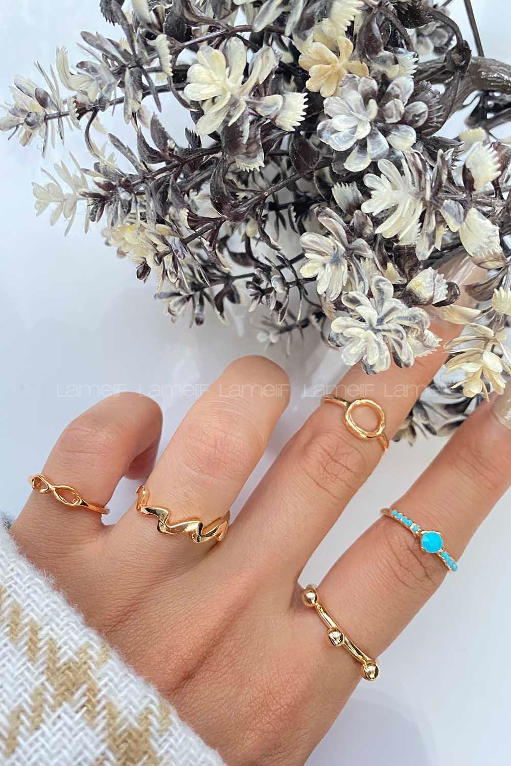 Modalamelif Gold 5li Su Yeşili Taşlı Yüzük