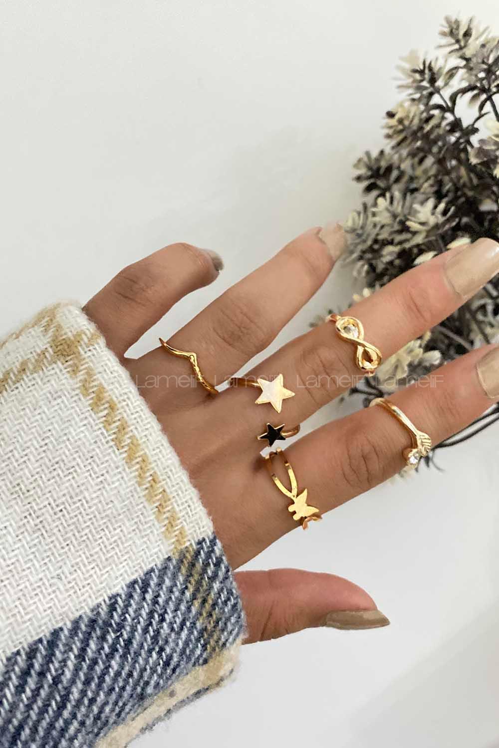 Modalamelif Gold 5li Yıldız Ve Kelebek Detay Yüzük