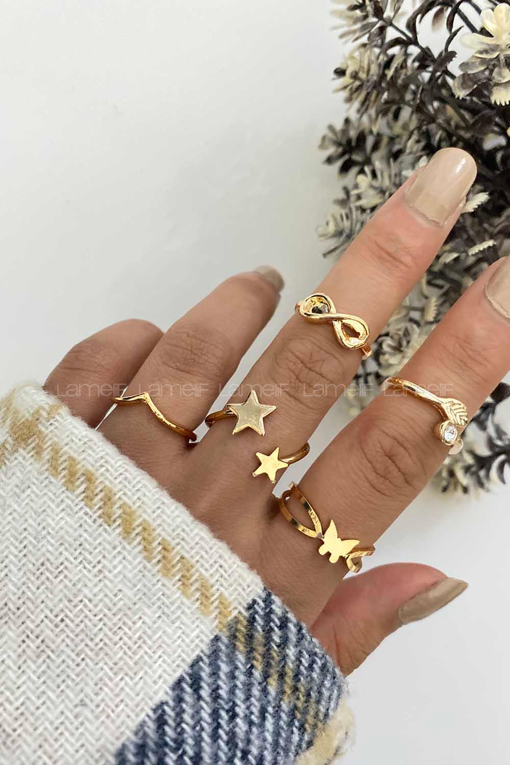 Modalamelif Gold 5li Yıldız Ve Kelebek Detay Yüzük