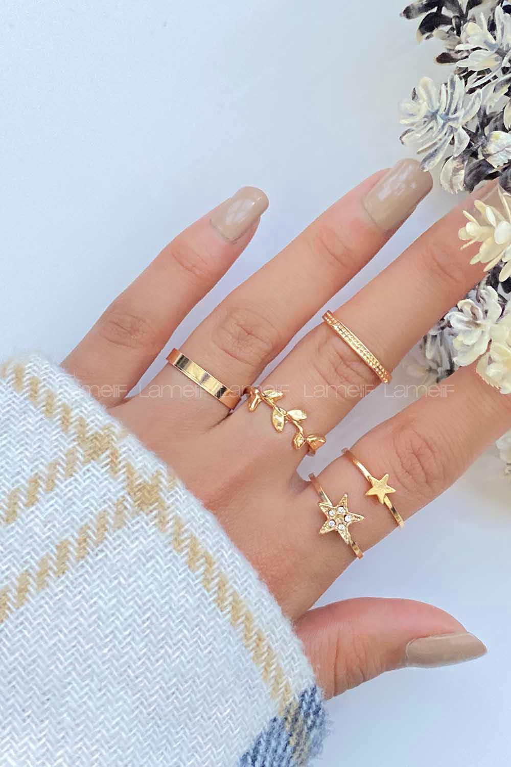 Modalamelif Gold 5li Yıldız Ve Yaprak Detaylı Yüzük