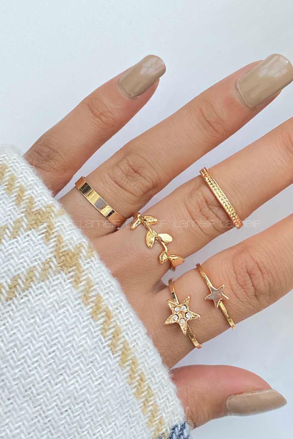 Modalamelif Gold 5li Yıldız Ve Yaprak Detaylı Yüzük