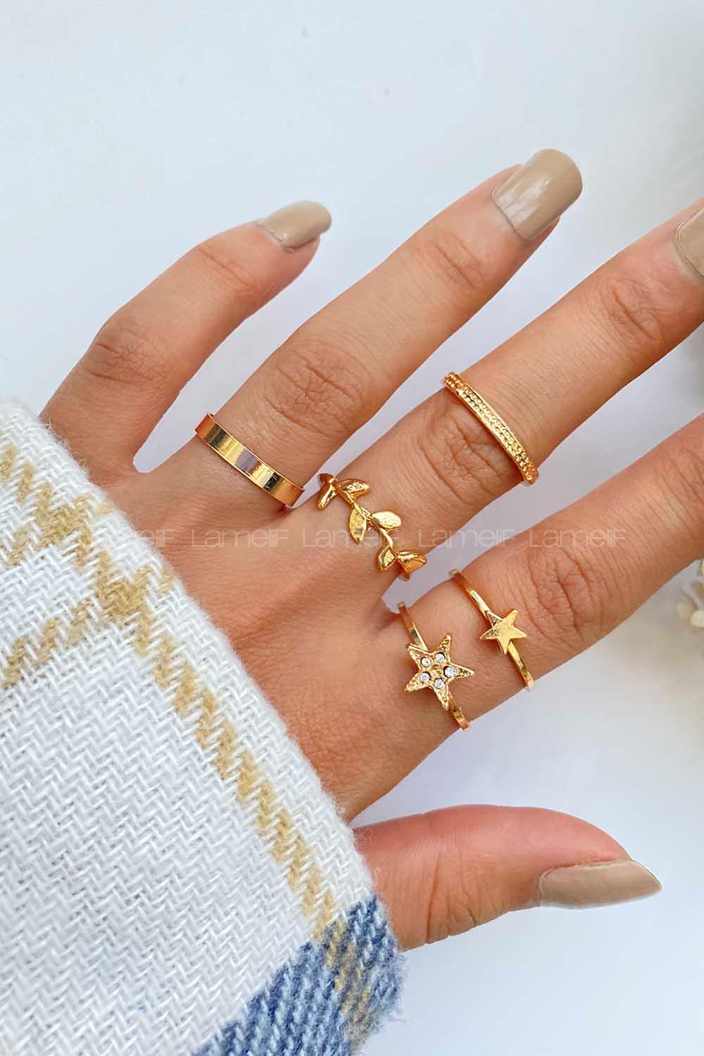 Modalamelif Gold 5li Yıldız Ve Yaprak Detaylı Yüzük