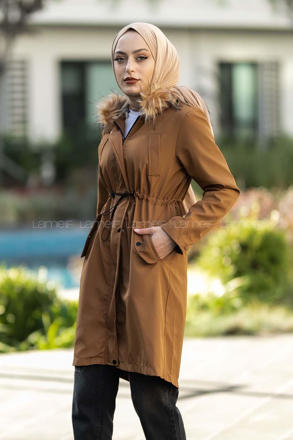 Modalamelif Bel Lastikli İçi Kürklü Mont Camel