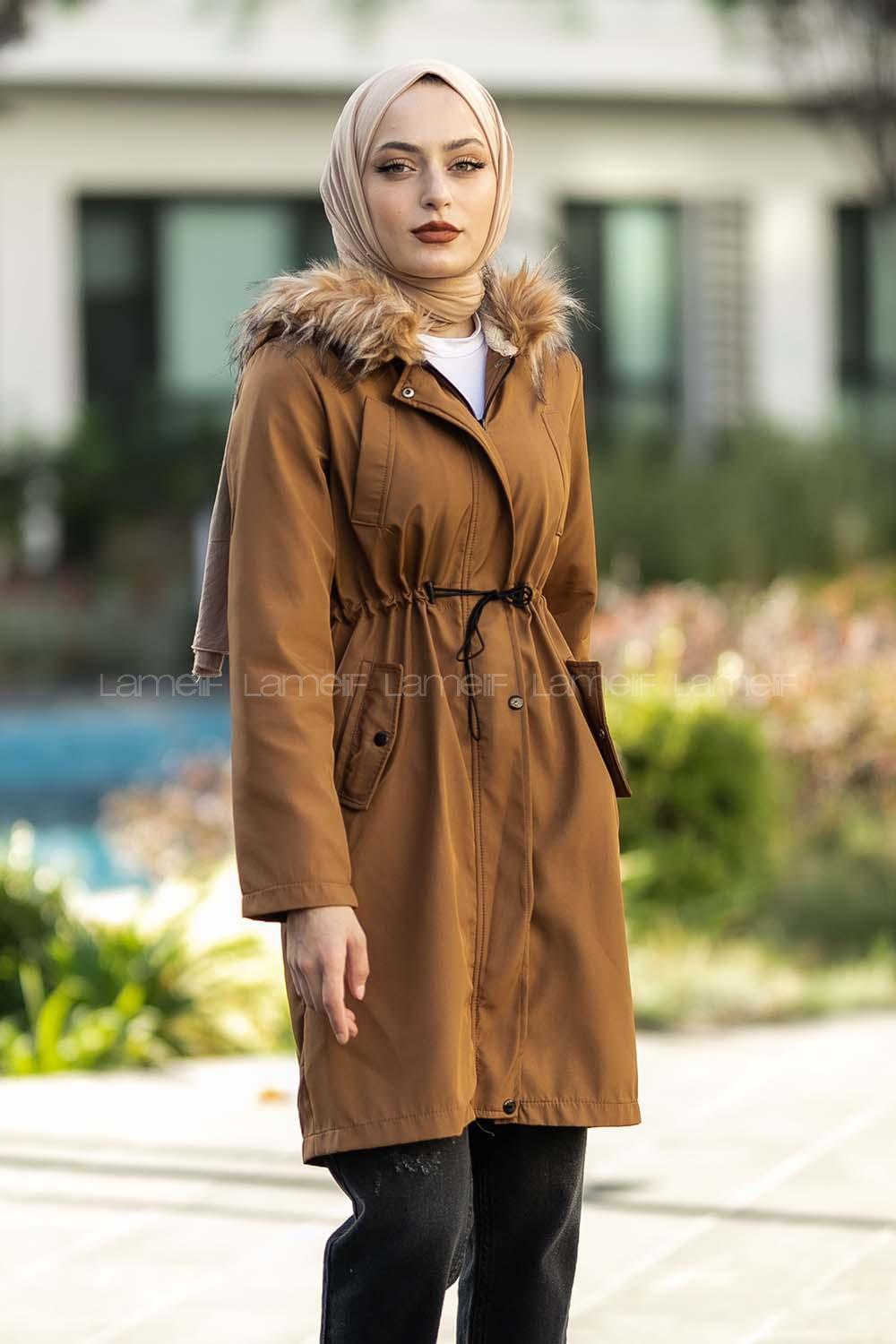 Modalamelif Bel Lastikli İçi Kürklü Mont Camel