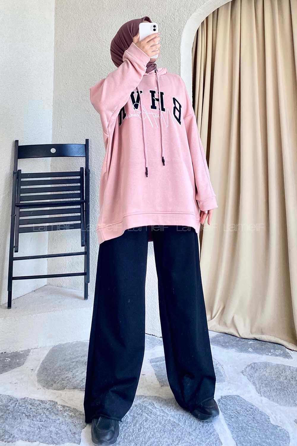 Modalamelif Bhvr Yazı Nakışlı Kapüşonlu Kanguru Cepli Sweat Pudra