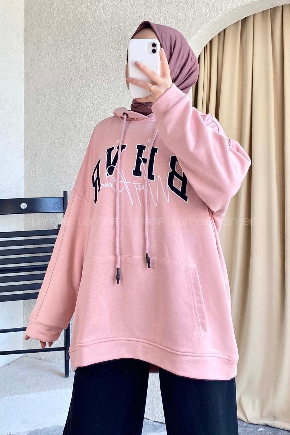 Modalamelif Bhvr Yazı Nakışlı Kapüşonlu Kanguru Cepli Sweat Pudra