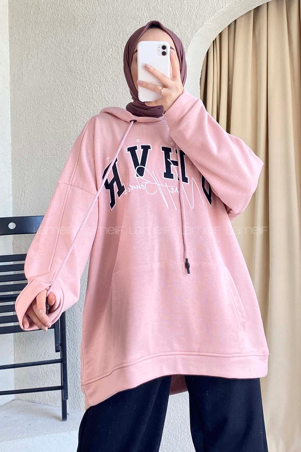 Modalamelif Bhvr Yazı Nakışlı Kapüşonlu Kanguru Cepli Sweat Pudra