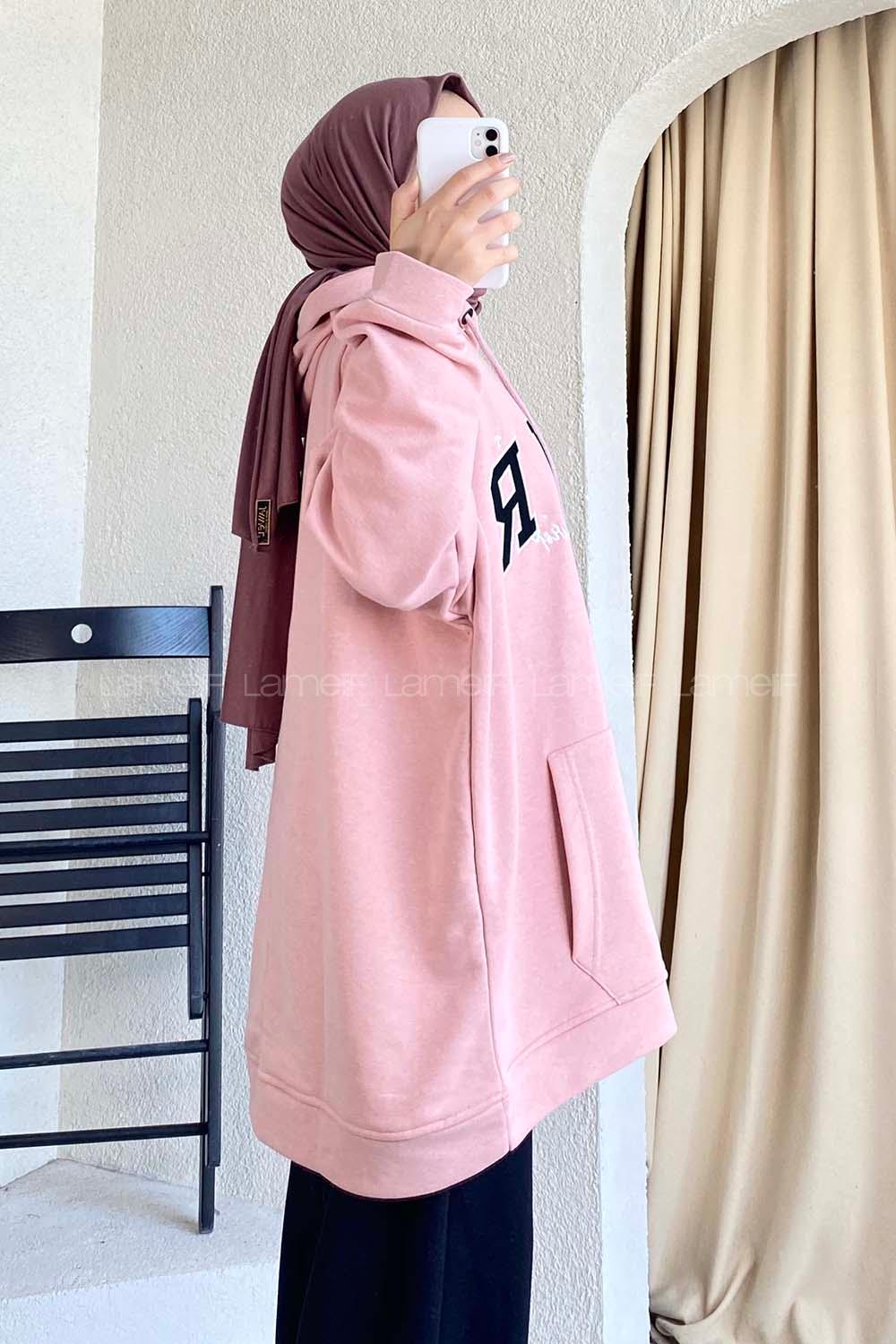 Modalamelif Bhvr Yazı Nakışlı Kapüşonlu Kanguru Cepli Sweat Pudra