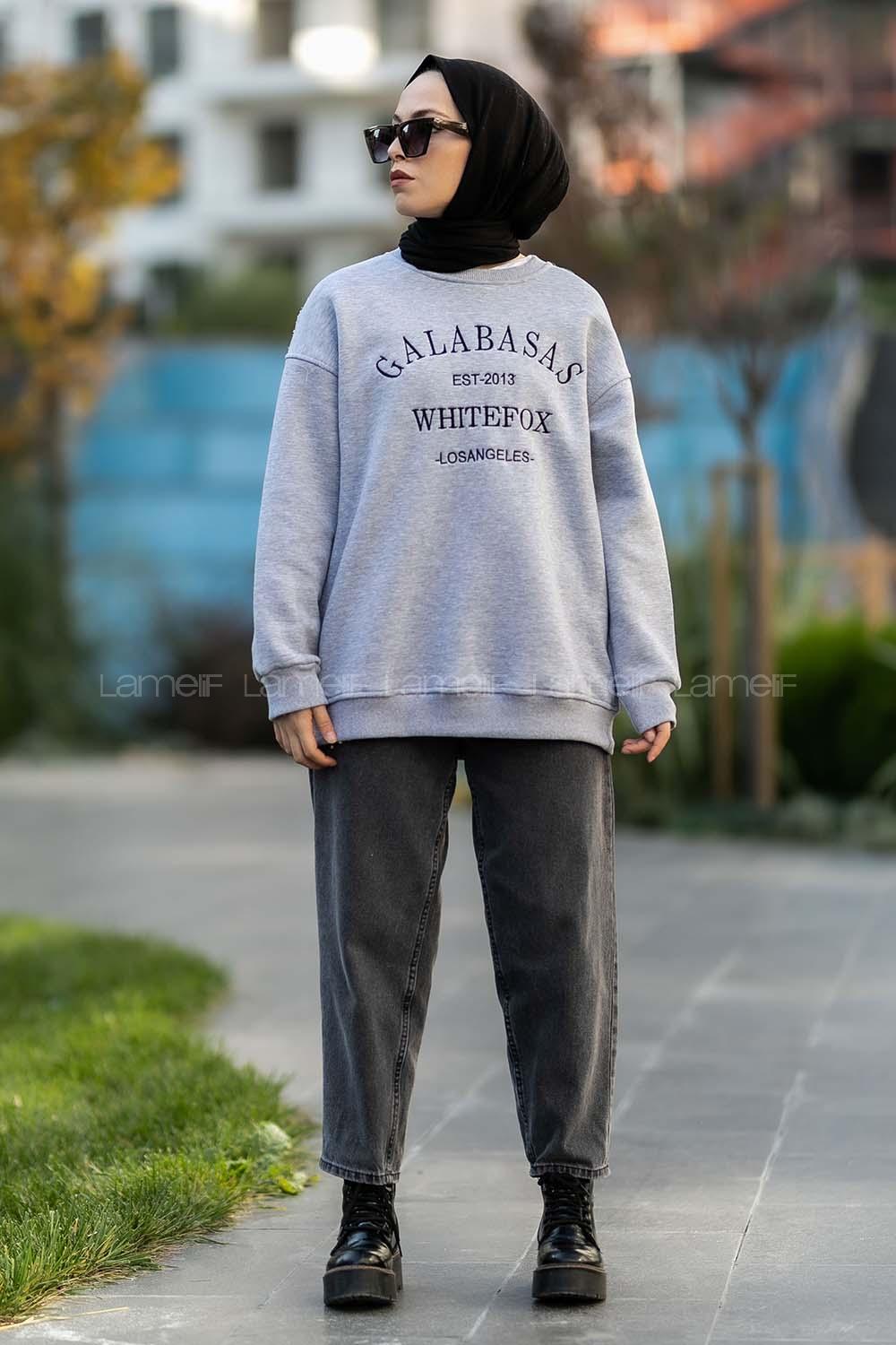 Modalamelif Bisiklet Yaka Galabasas Yazı Baskılı Sweat Gri