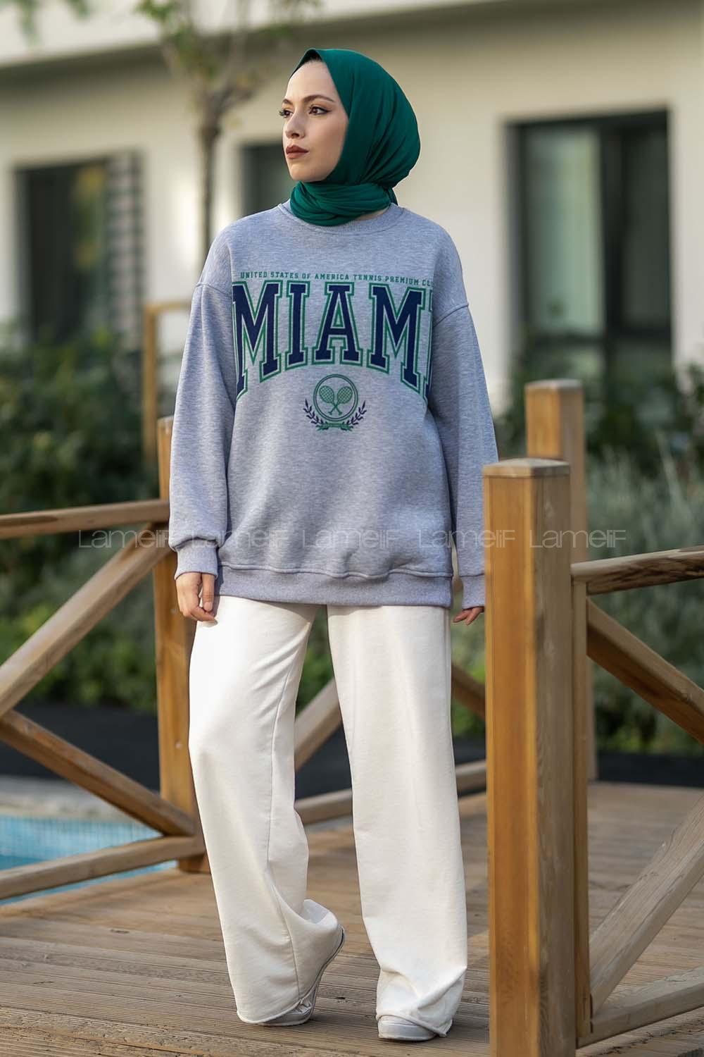 Modalamelif Bisiklet Yaka Mıamı Baskılı Sweat Gri
