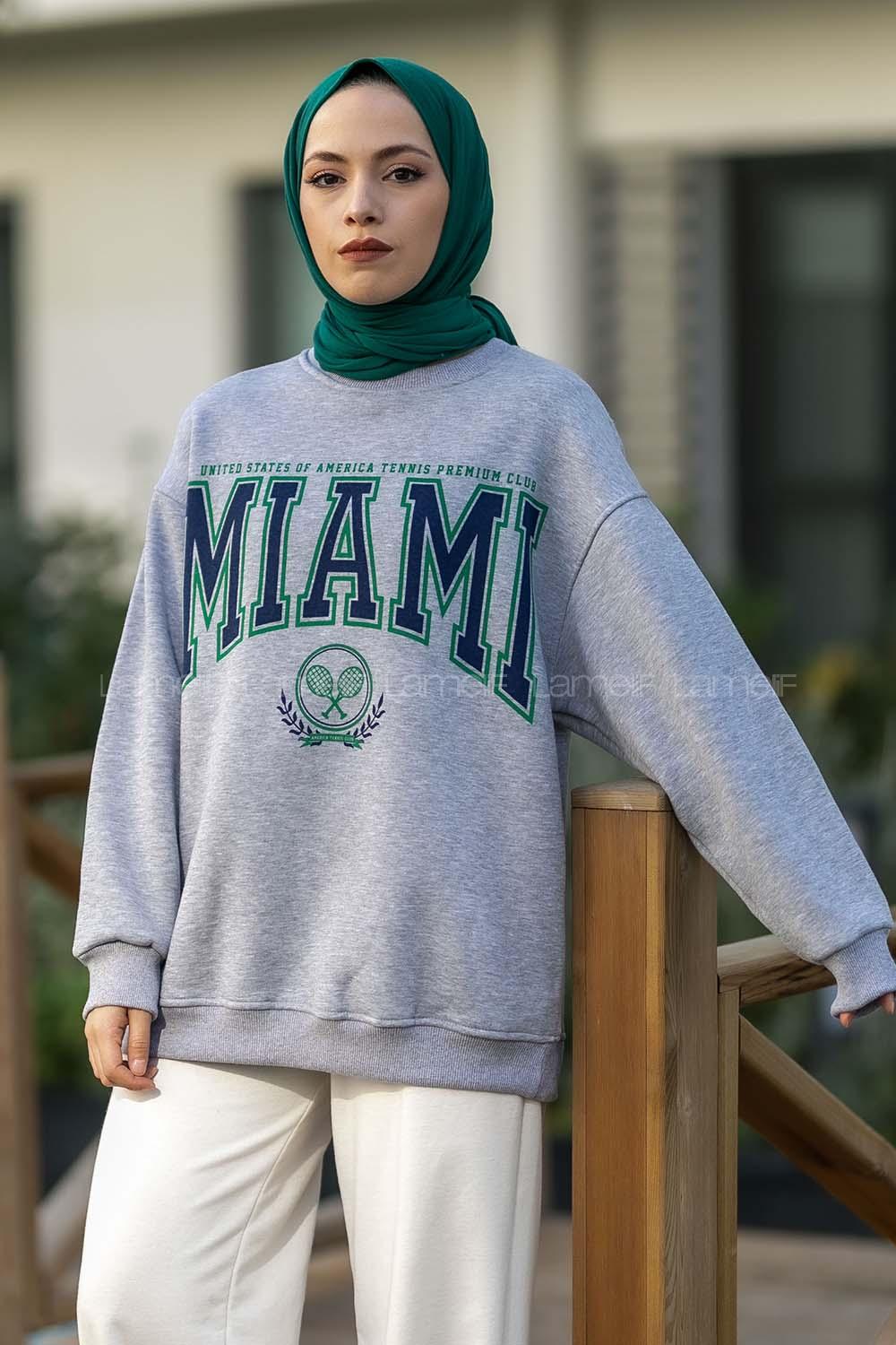 Modalamelif Bisiklet Yaka Mıamı Baskılı Sweat Gri