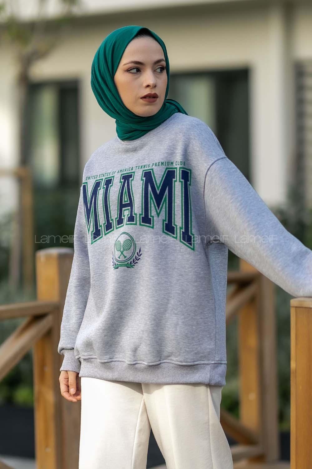 Modalamelif Bisiklet Yaka Mıamı Baskılı Sweat Gri