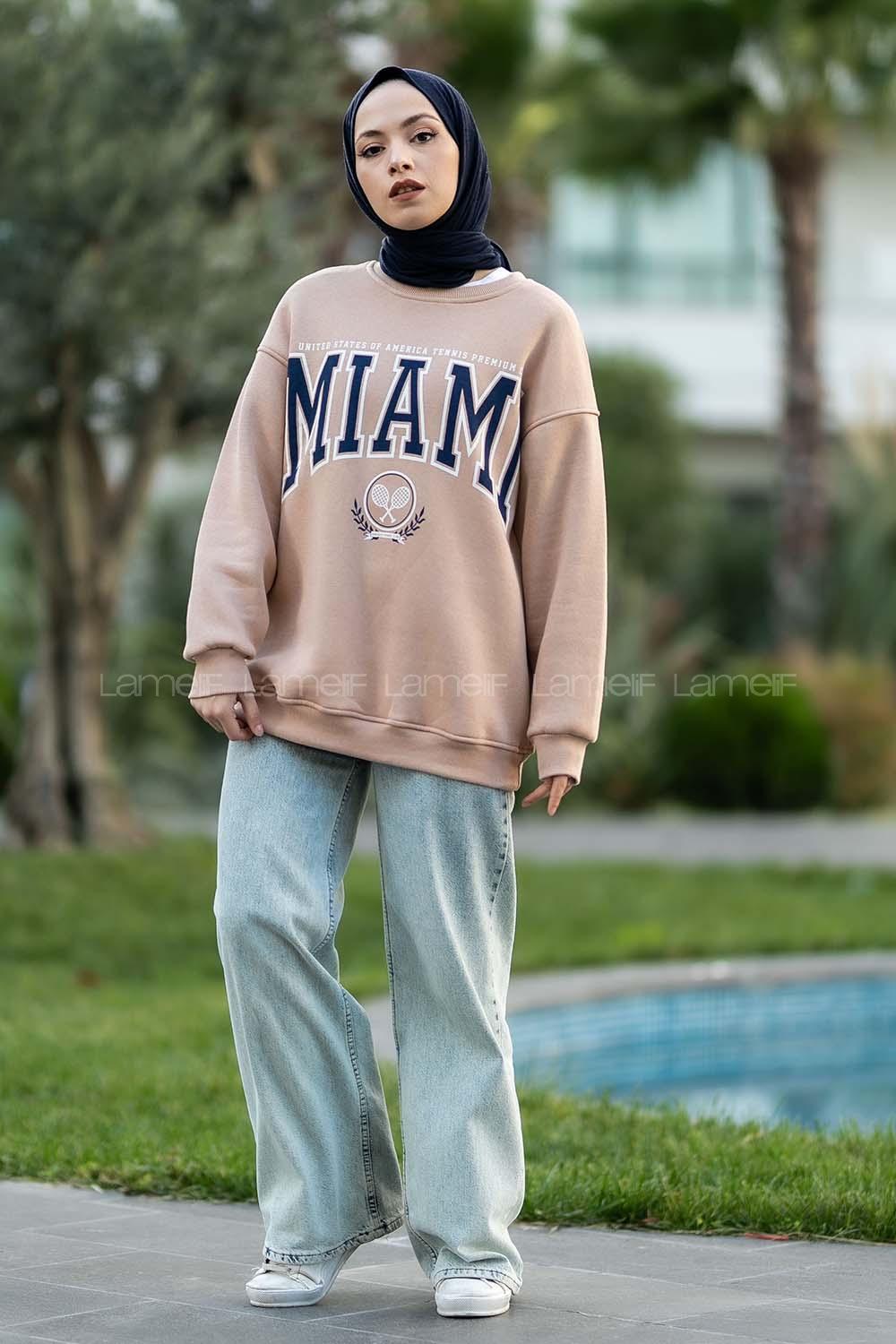 Modalamelif Bisiklet Yaka Mıamı Baskılı Sweat Sütlükahve