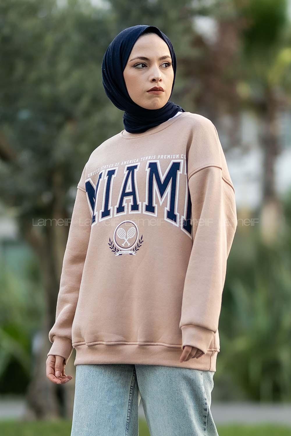 Modalamelif Bisiklet Yaka Mıamı Baskılı Sweat Sütlükahve