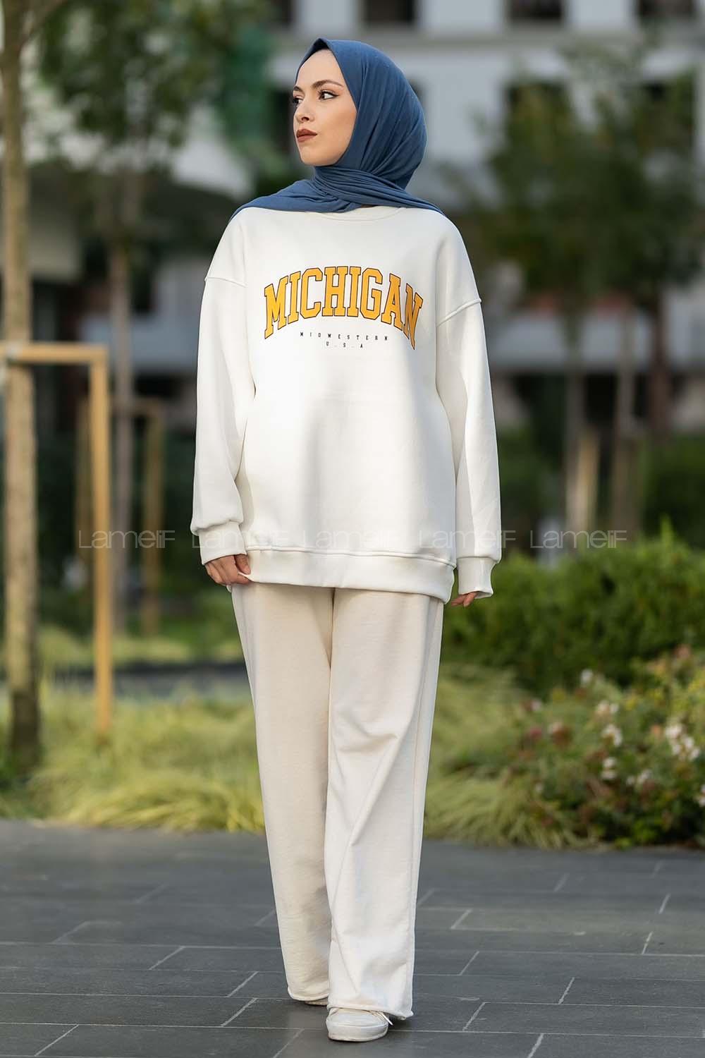 Modalamelif Bisiklet Yaka Mıchıgan Baskılı Sweat Beyaz
