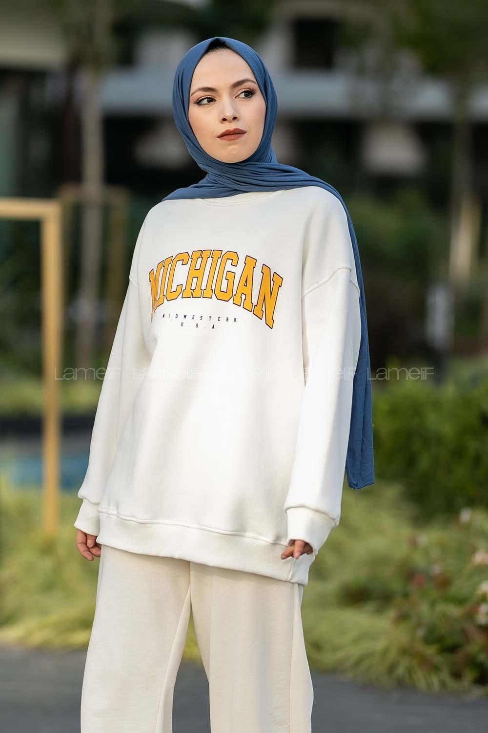 Modalamelif Bisiklet Yaka Mıchıgan Baskılı Sweat Beyaz