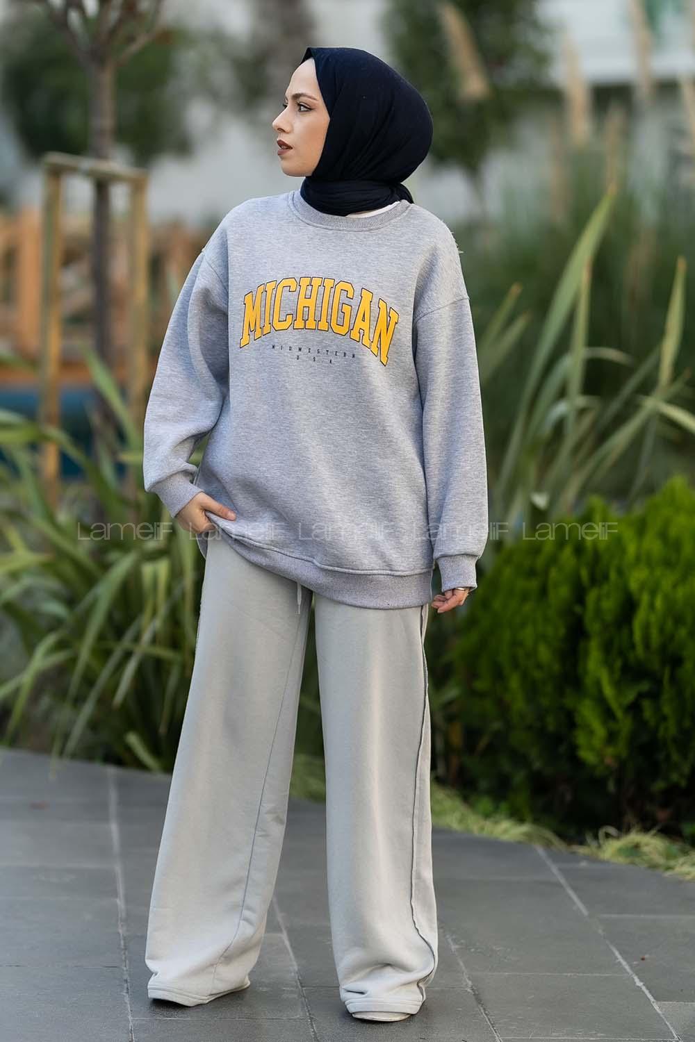 Modalamelif Bisiklet Yaka Mıchıgan Baskılı Sweat Gri