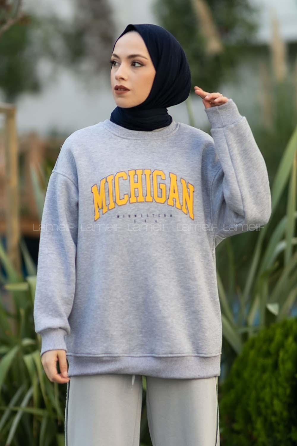 Modalamelif Bisiklet Yaka Mıchıgan Baskılı Sweat Gri