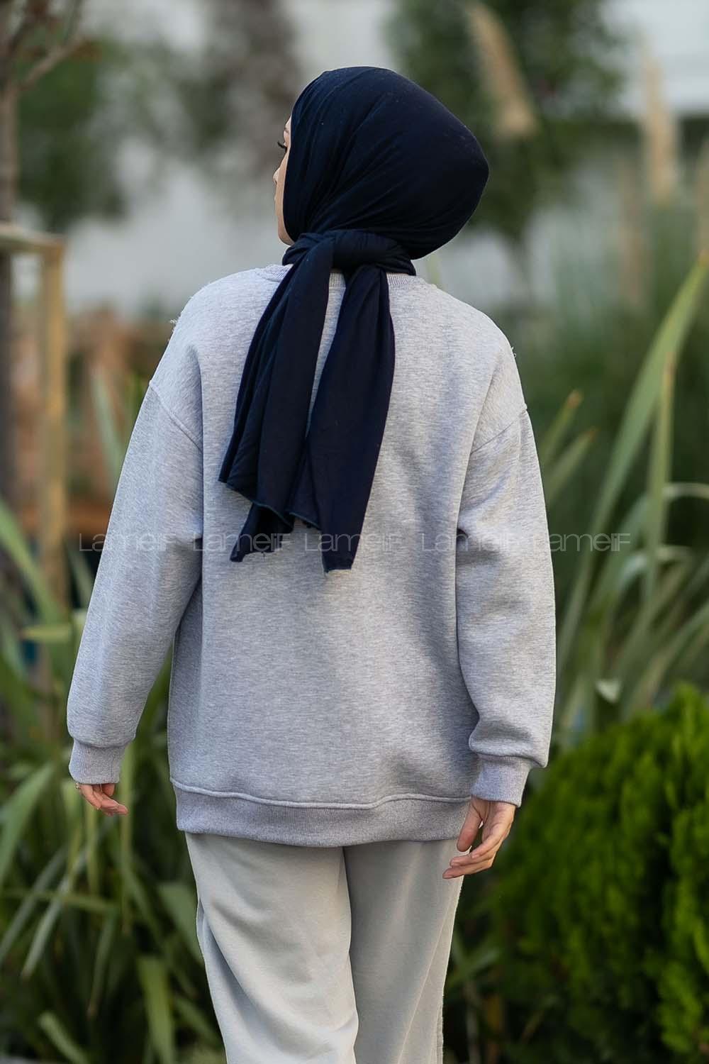 Modalamelif Bisiklet Yaka Mıchıgan Baskılı Sweat Gri