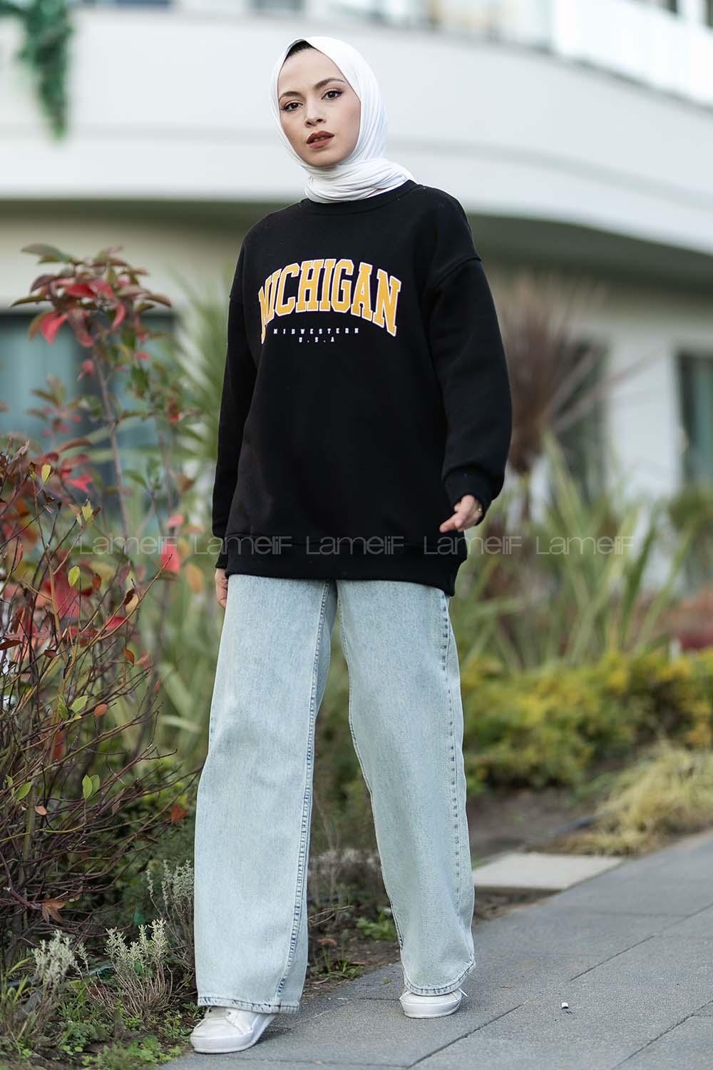 Modalamelif Bisiklet Yaka Mıchıgan Baskılı Sweat Siyah