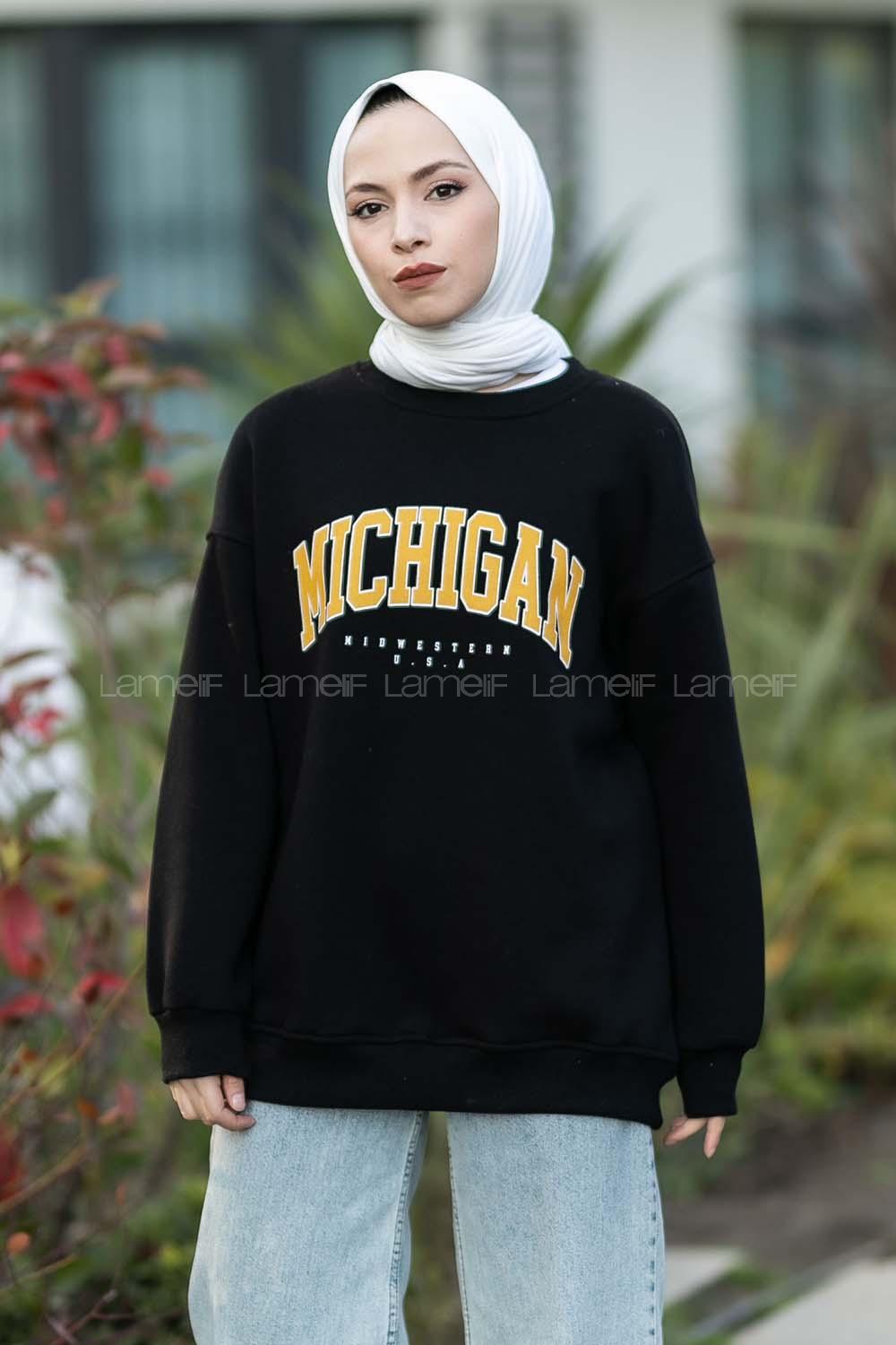 Modalamelif Bisiklet Yaka Mıchıgan Baskılı Sweat Siyah