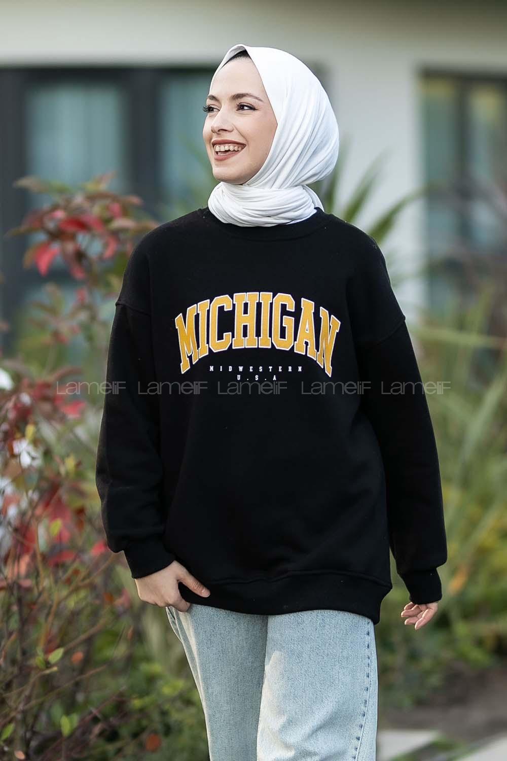 Modalamelif Bisiklet Yaka Mıchıgan Baskılı Sweat Siyah