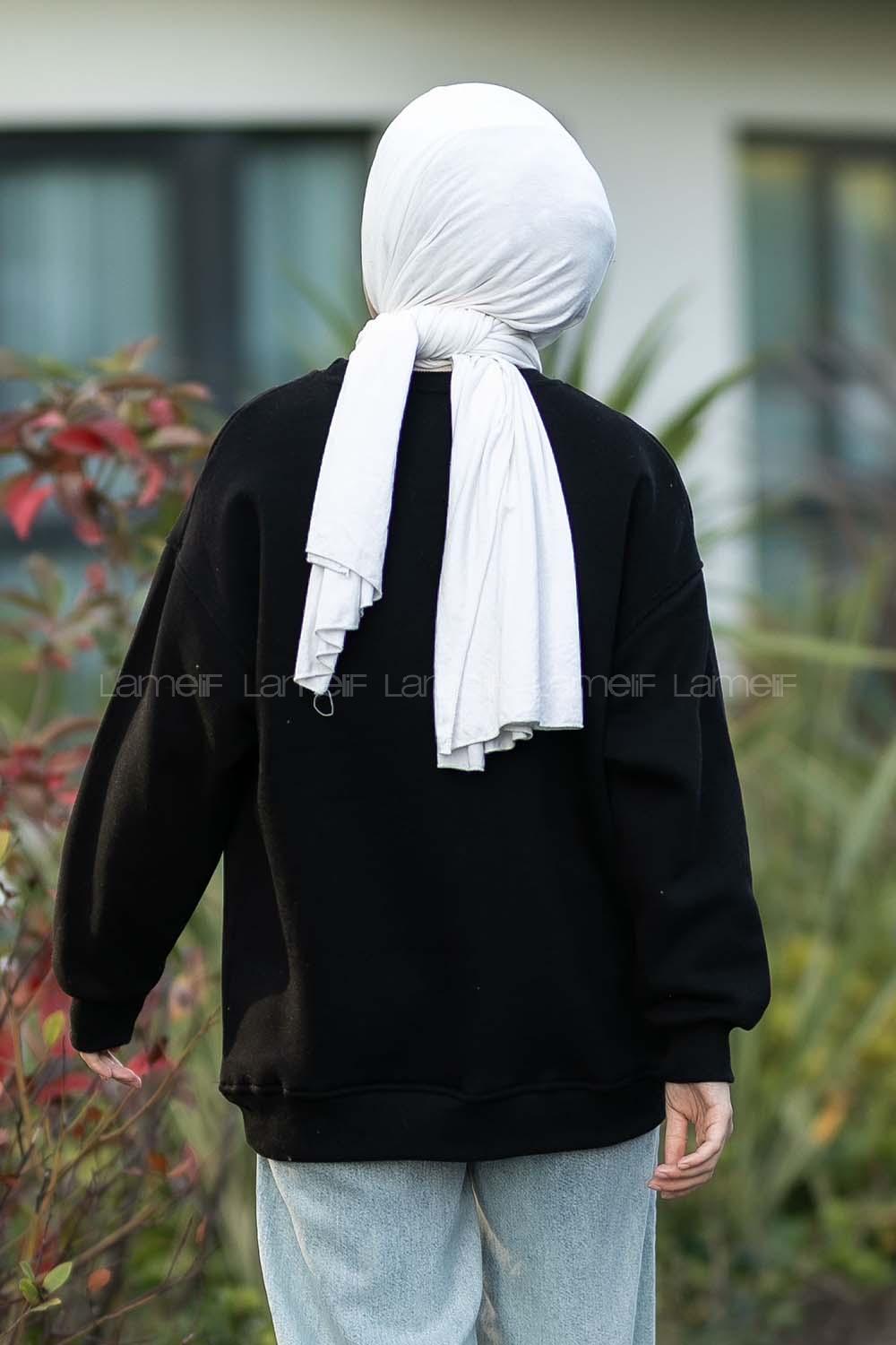 Modalamelif Bisiklet Yaka Mıchıgan Baskılı Sweat Siyah