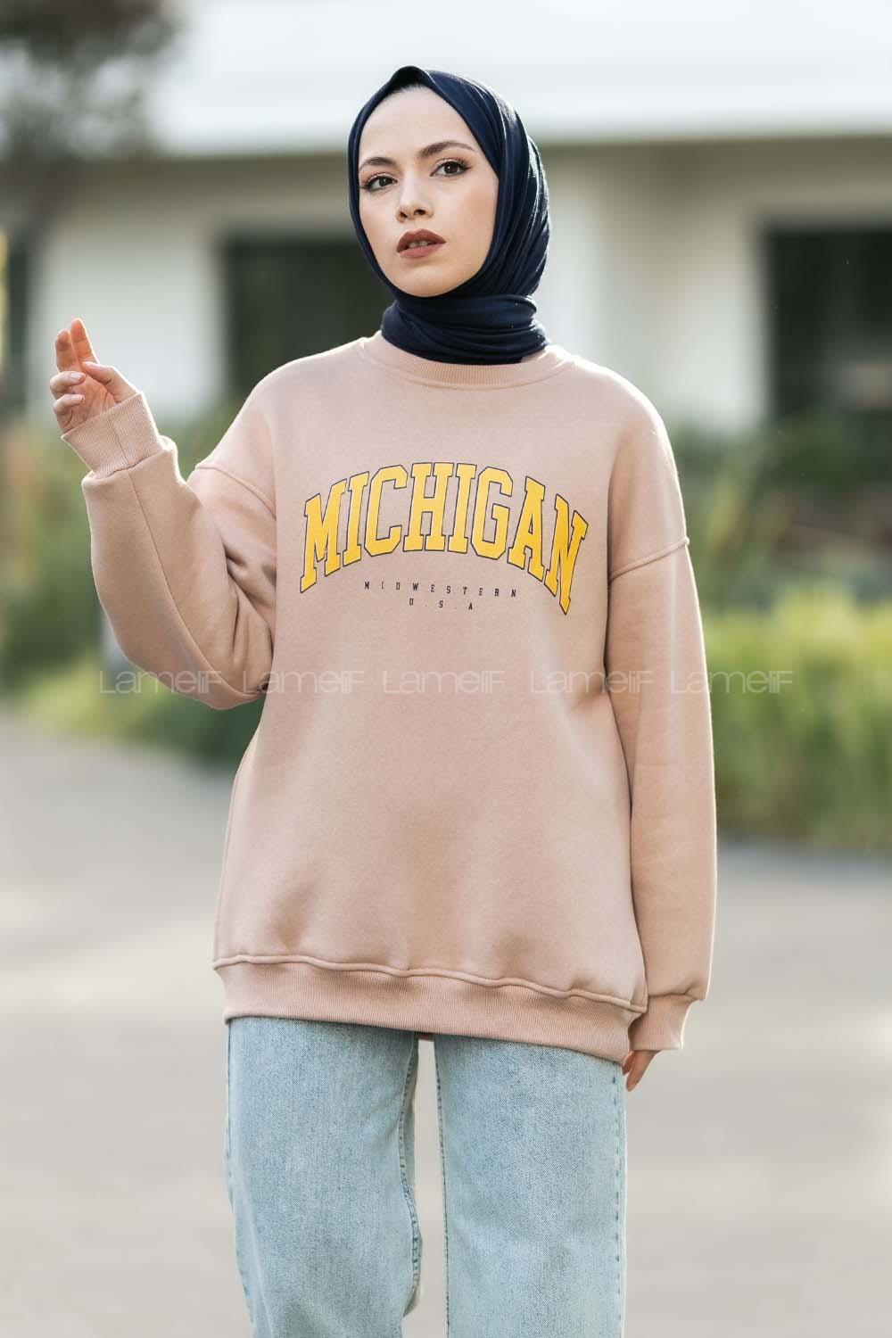 Modalamelif Bisiklet Yaka Mıchıgan Baskılı Sweat Sütlükahve