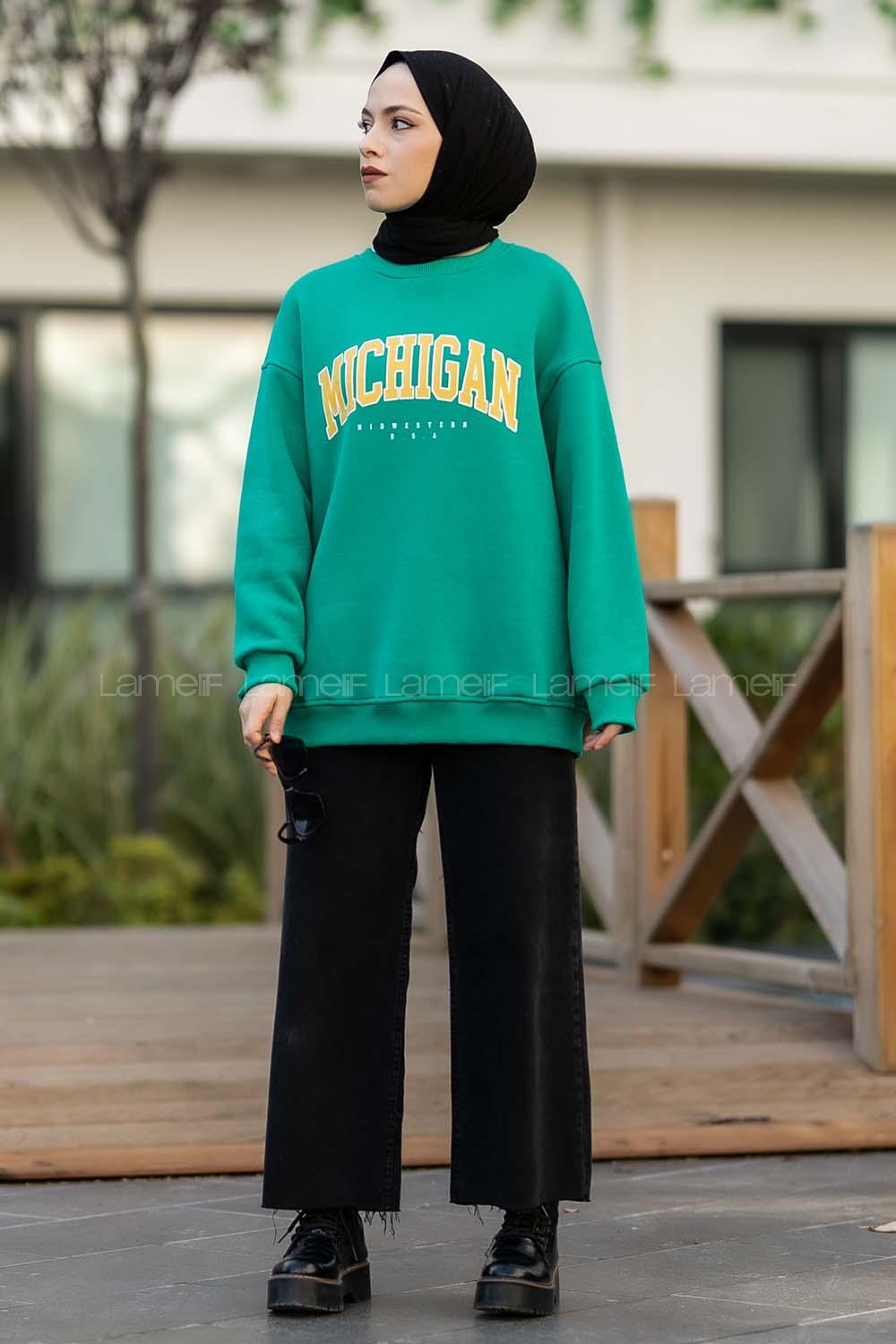 Modalamelif Bisiklet Yaka Mıchıgan Baskılı Sweat Zümrüt